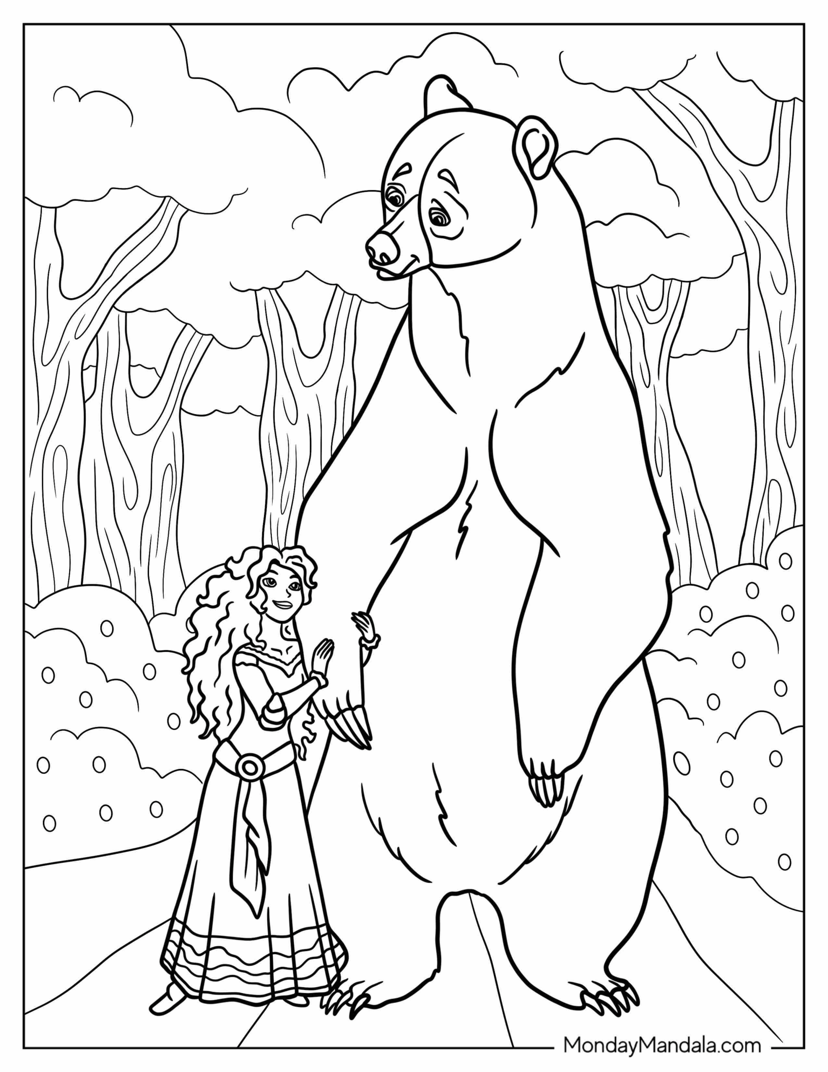 Merida Coloring Page Holding Arm Of Bear Queen Elinor