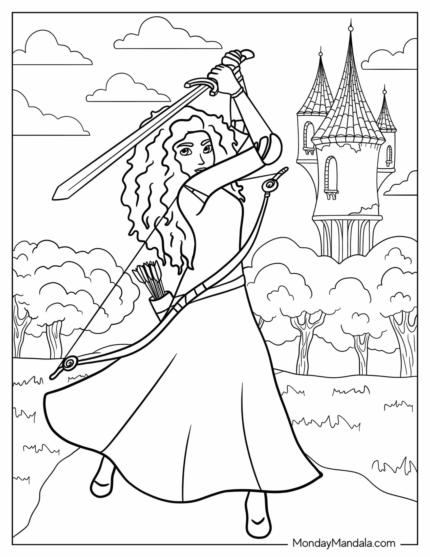 Merida Coloring Page Holding Sword Outside Castle