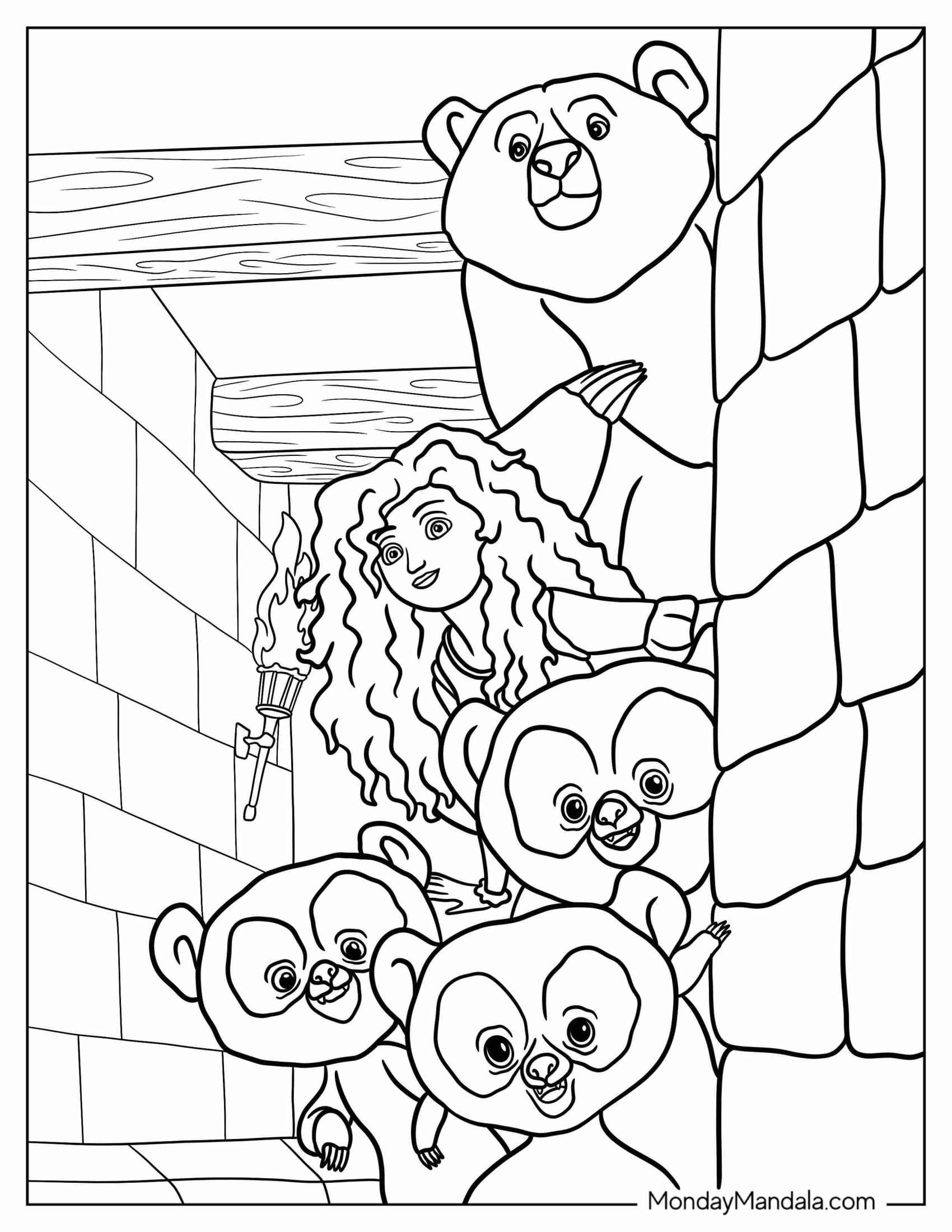 Merida Coloring Page With Bear Queen Elinor And Triplets