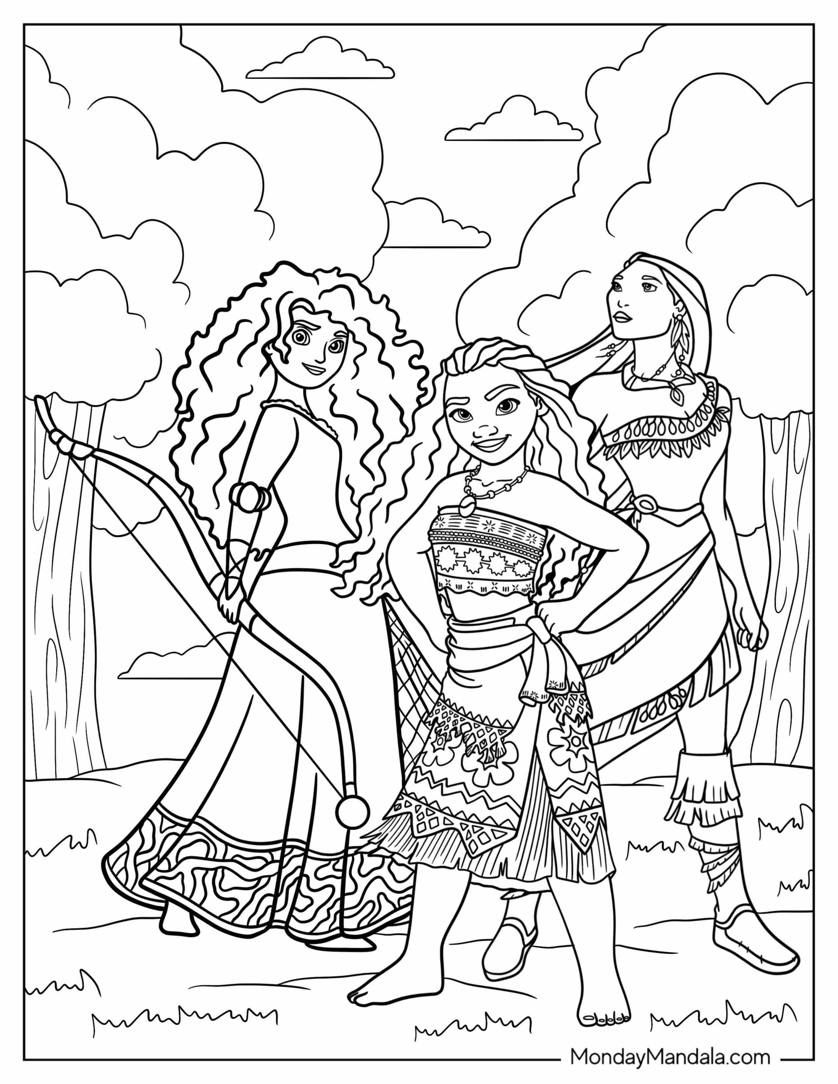 Merida Coloring Page With Moana And Pocahontas