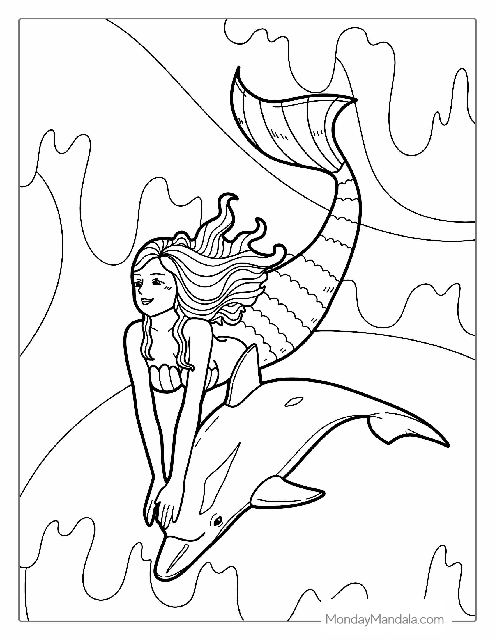 Mermaid And Dolphin Coloring Page