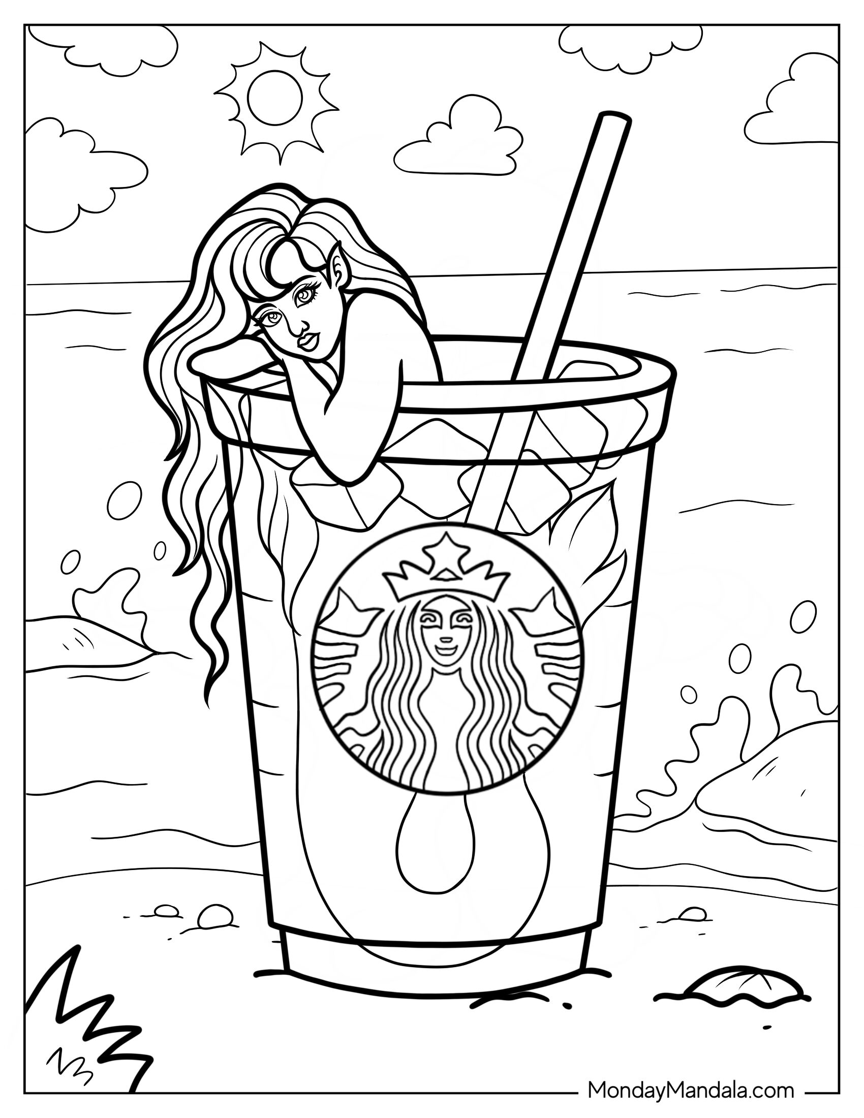 Mermaid Inside Starbucks Coloring Page Iced Tea At Beach