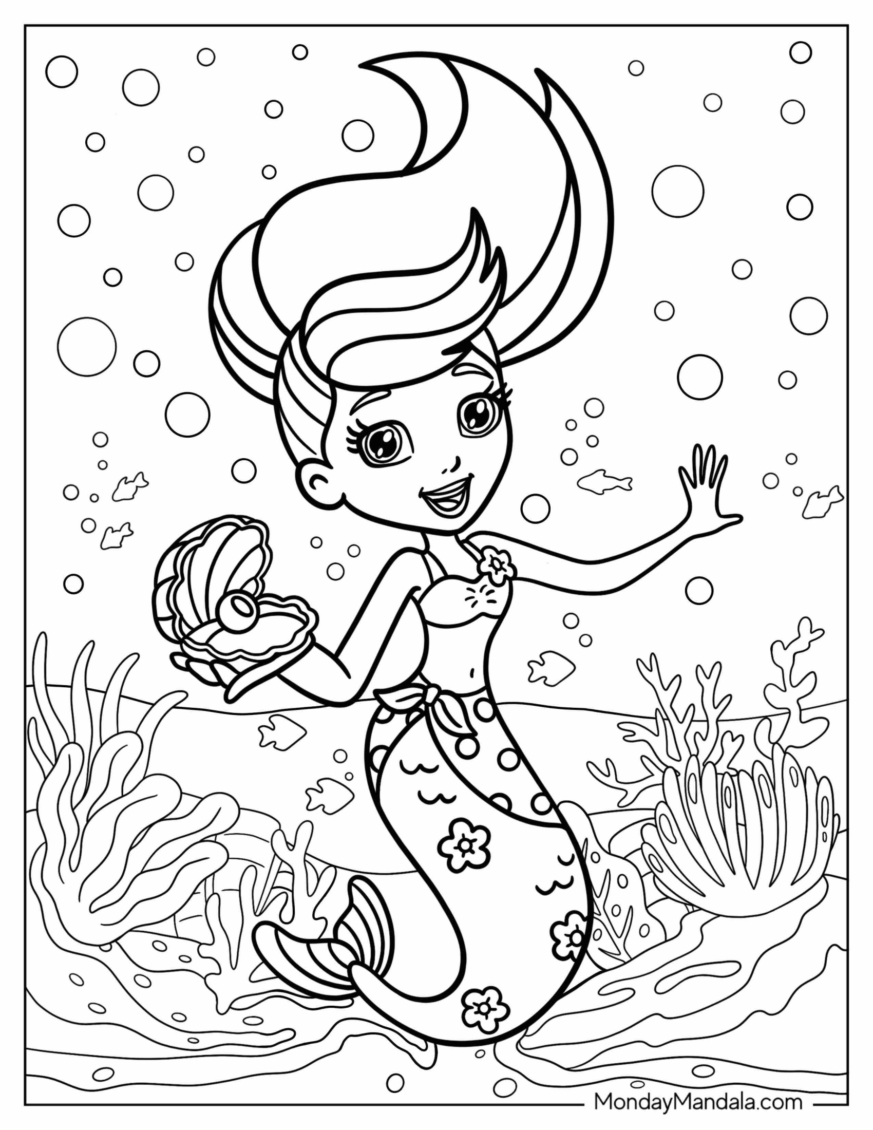 Mermaid Polly Pocket Coloring Page Holding Mussel With Pearl