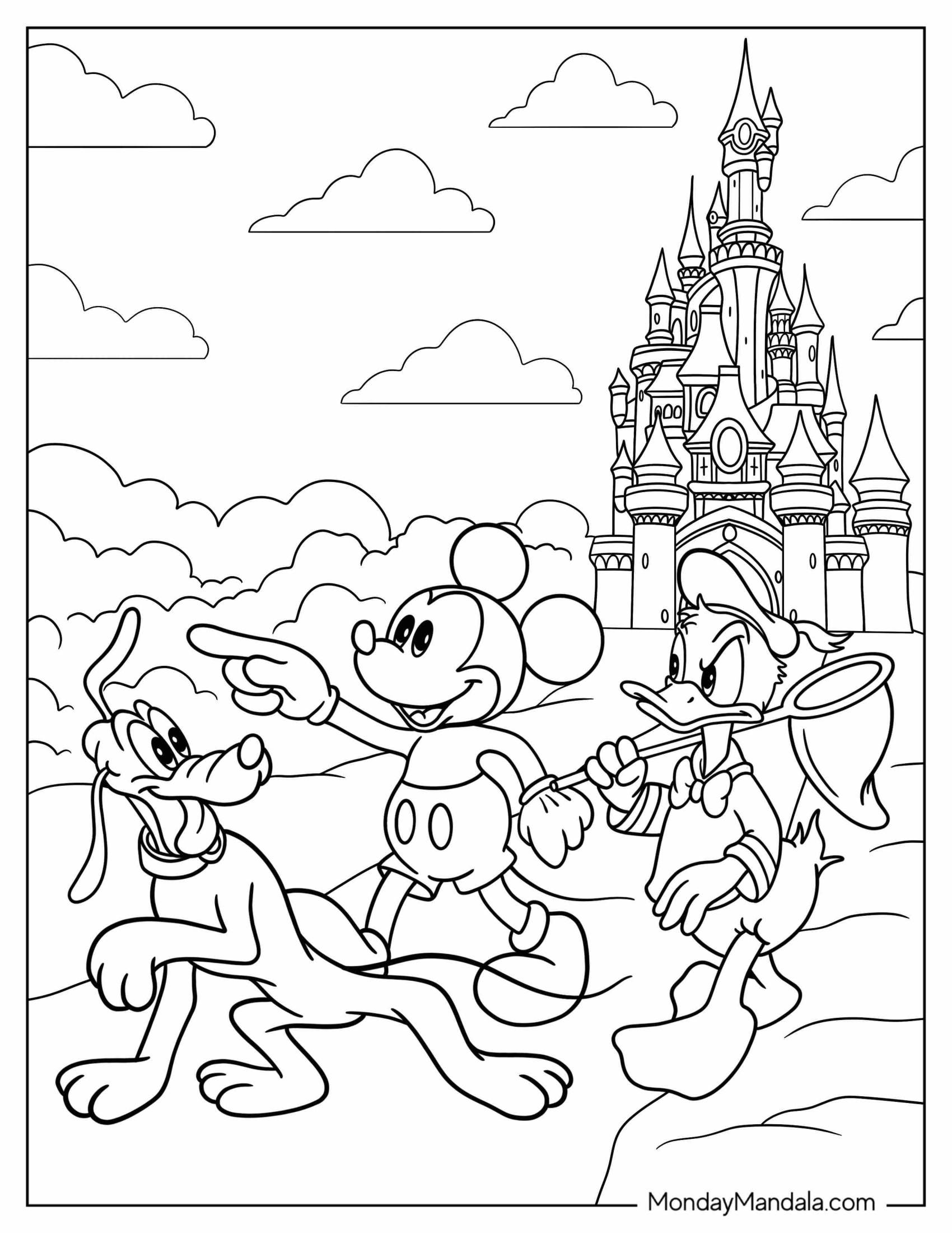 Mickey Mouse And Donald Duck With Pluto Coloring Page Outside Disney Castle