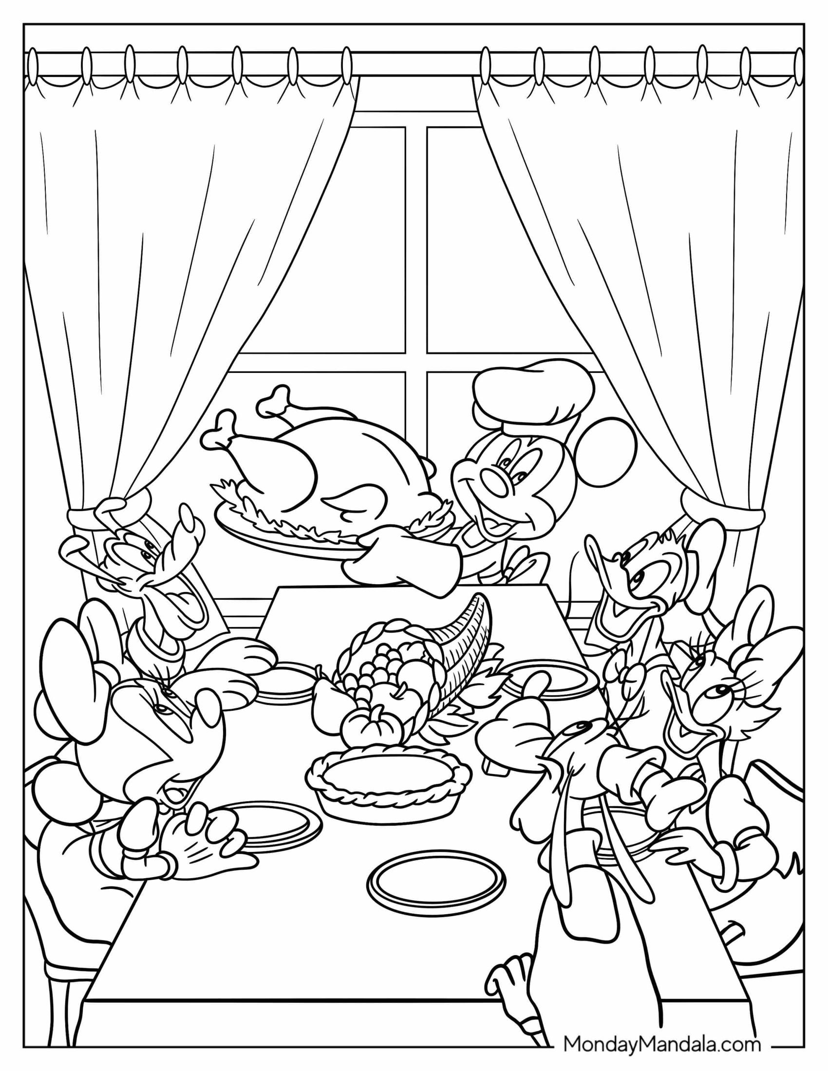 Mickey Mouse And Friends Eat Turkey On Thanksgiving Coloring Sheet