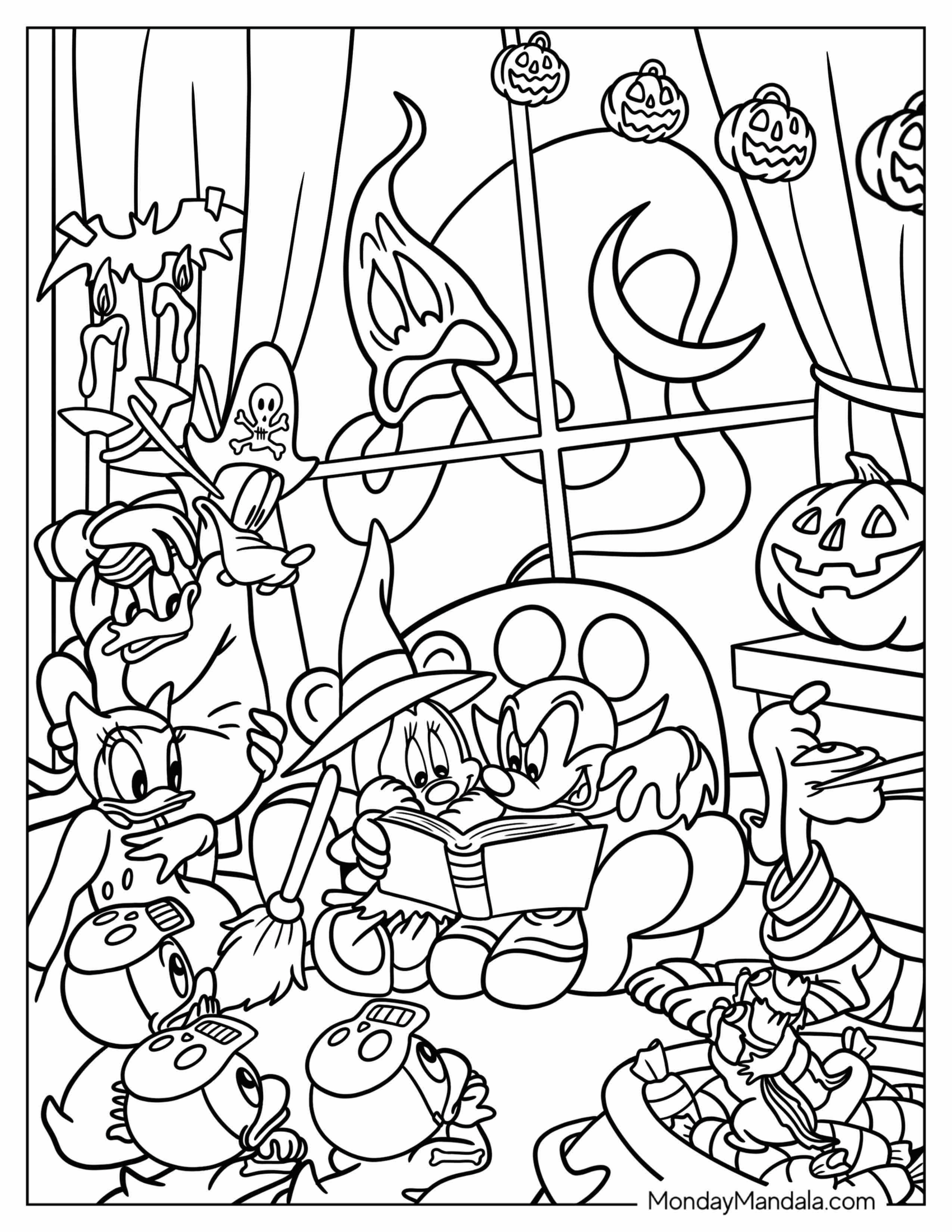 Mickey Mouse And Friends Reading Ghost Stories Disney Halloween Coloring Page