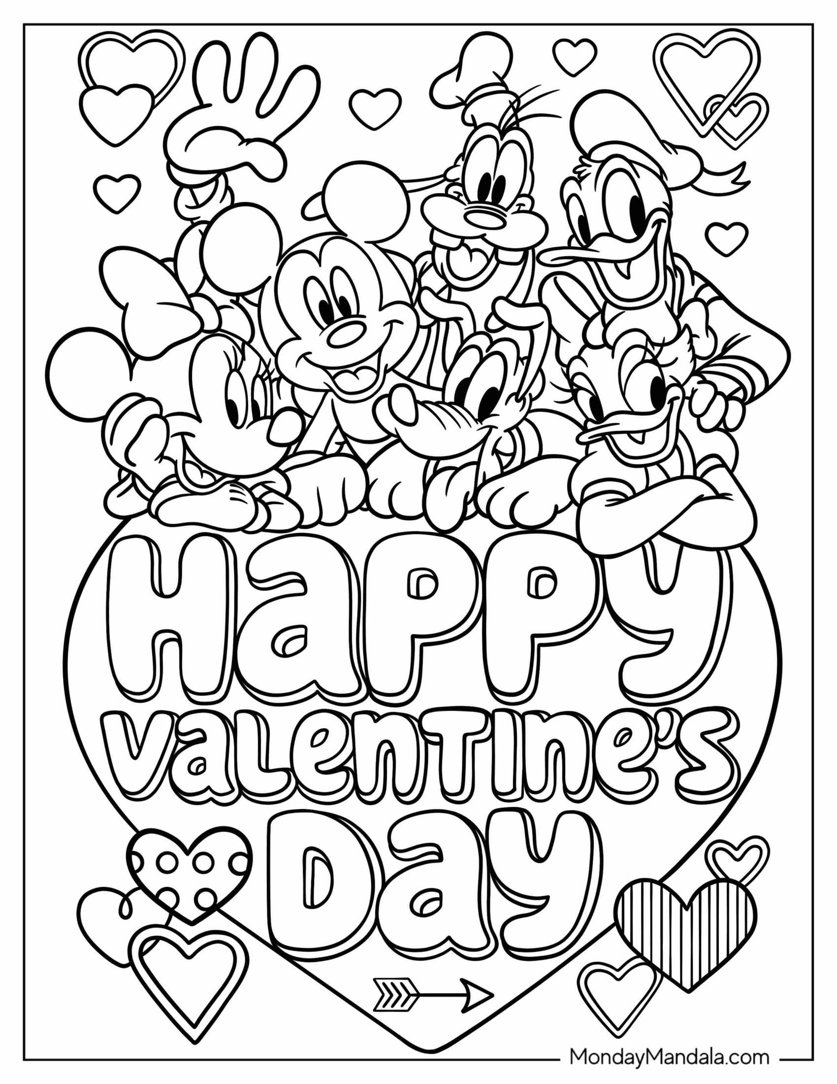 Mickey Mouse, Minnie Mouse, Goofy, Donald Duck, Daisy Duck, And Pluto Valentine's Day Coloring Page Greeting