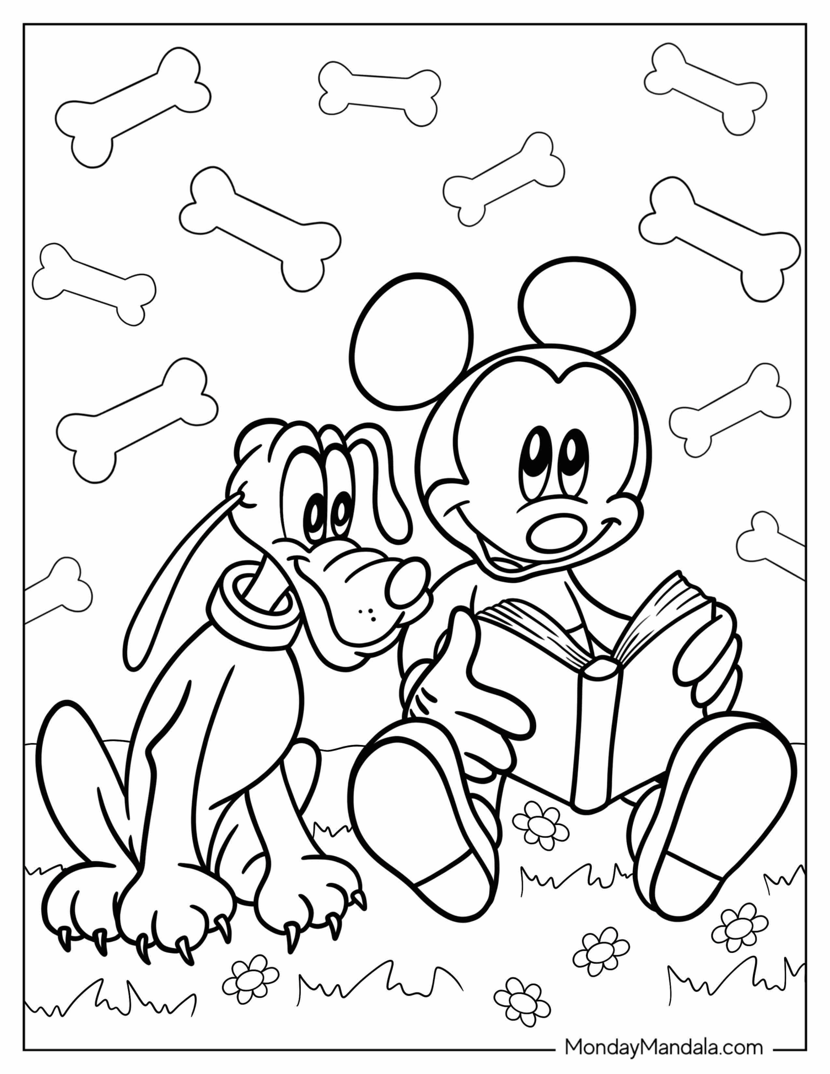 Mickey Mouse Reading A Book To Pluto Coloring Page