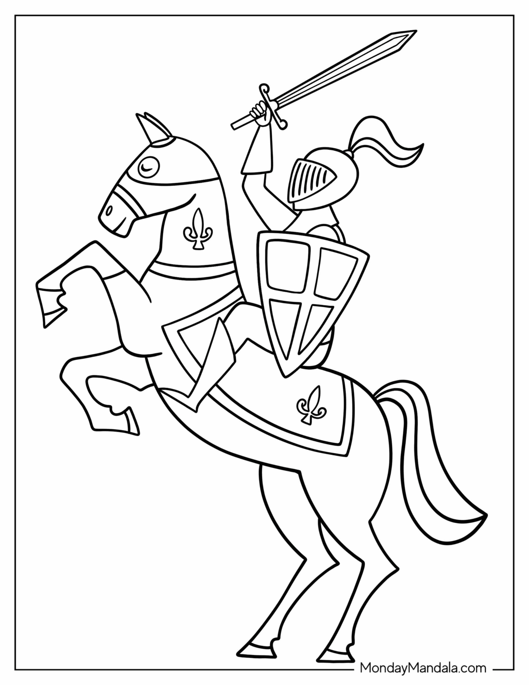 Mighty Knight On A Horse Coloring In For Preschoolers