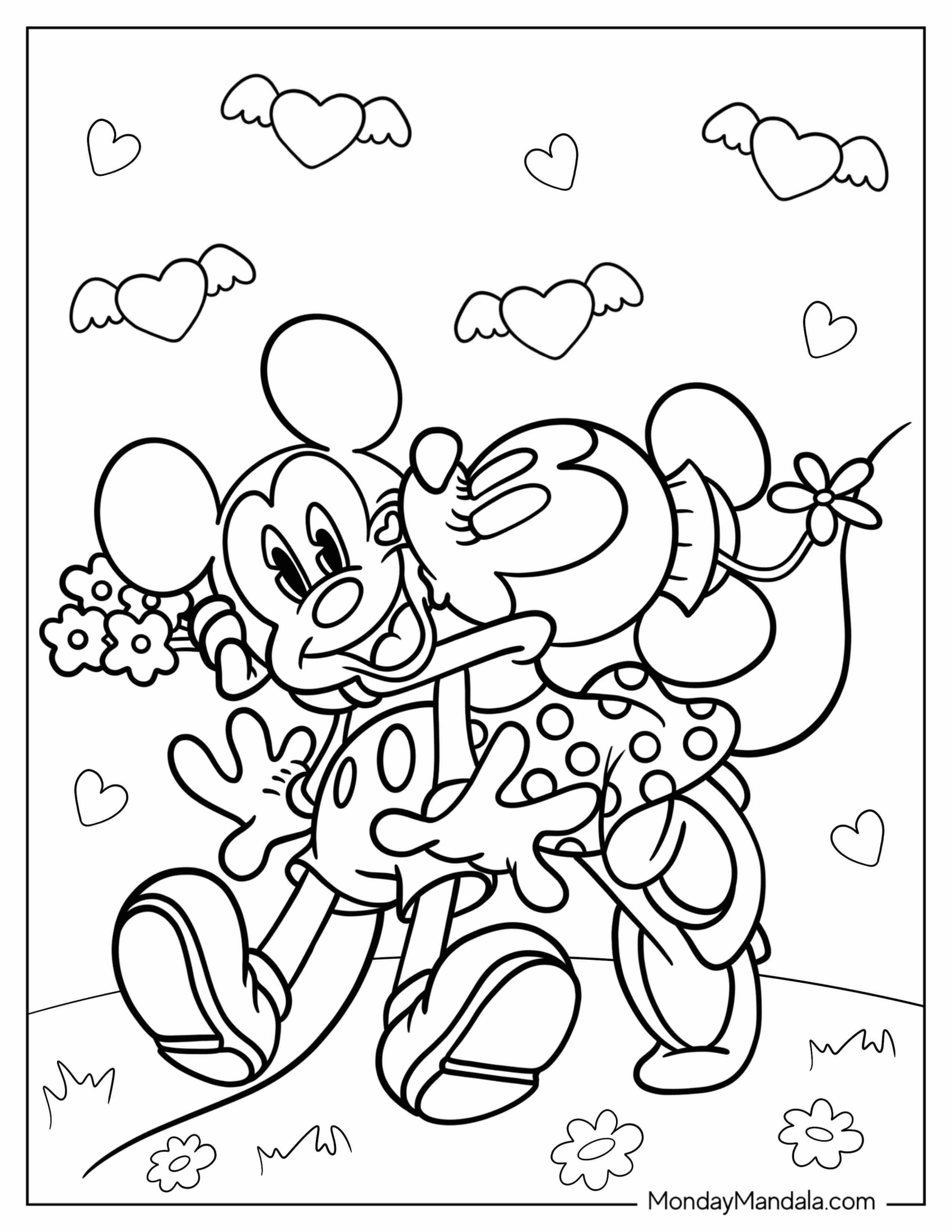 Minnie Mouse Kissing Mickey Mouse Valentine's Day Coloring Page