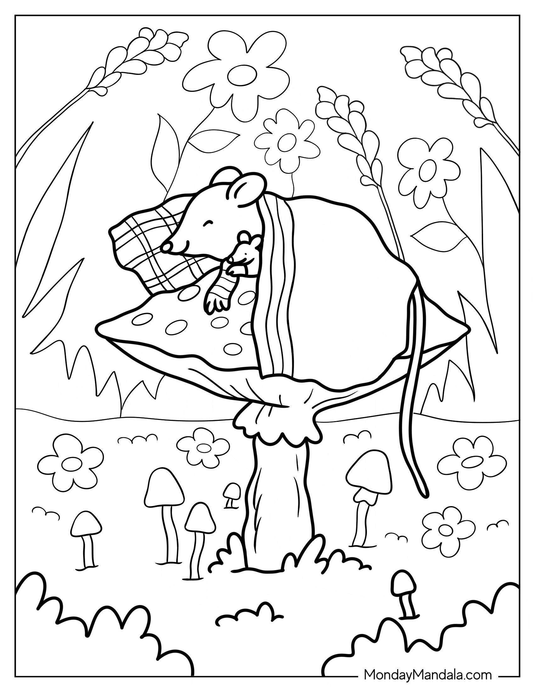 Mommy Mouse With Baby Mouse Coloring Page On Top Of Mushroom