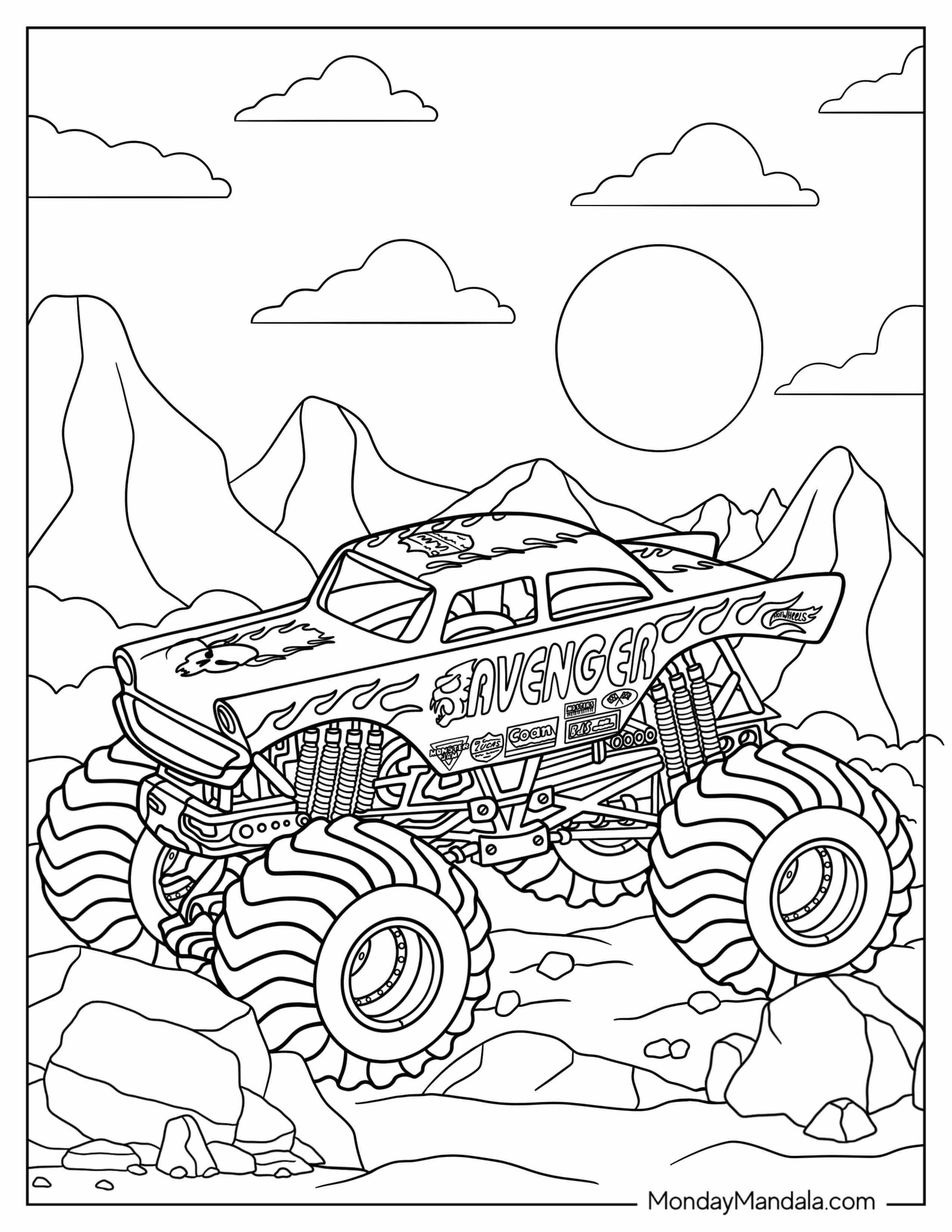 Monster Jam Coloring Page Of Avenger Truck On Rocky Terrain