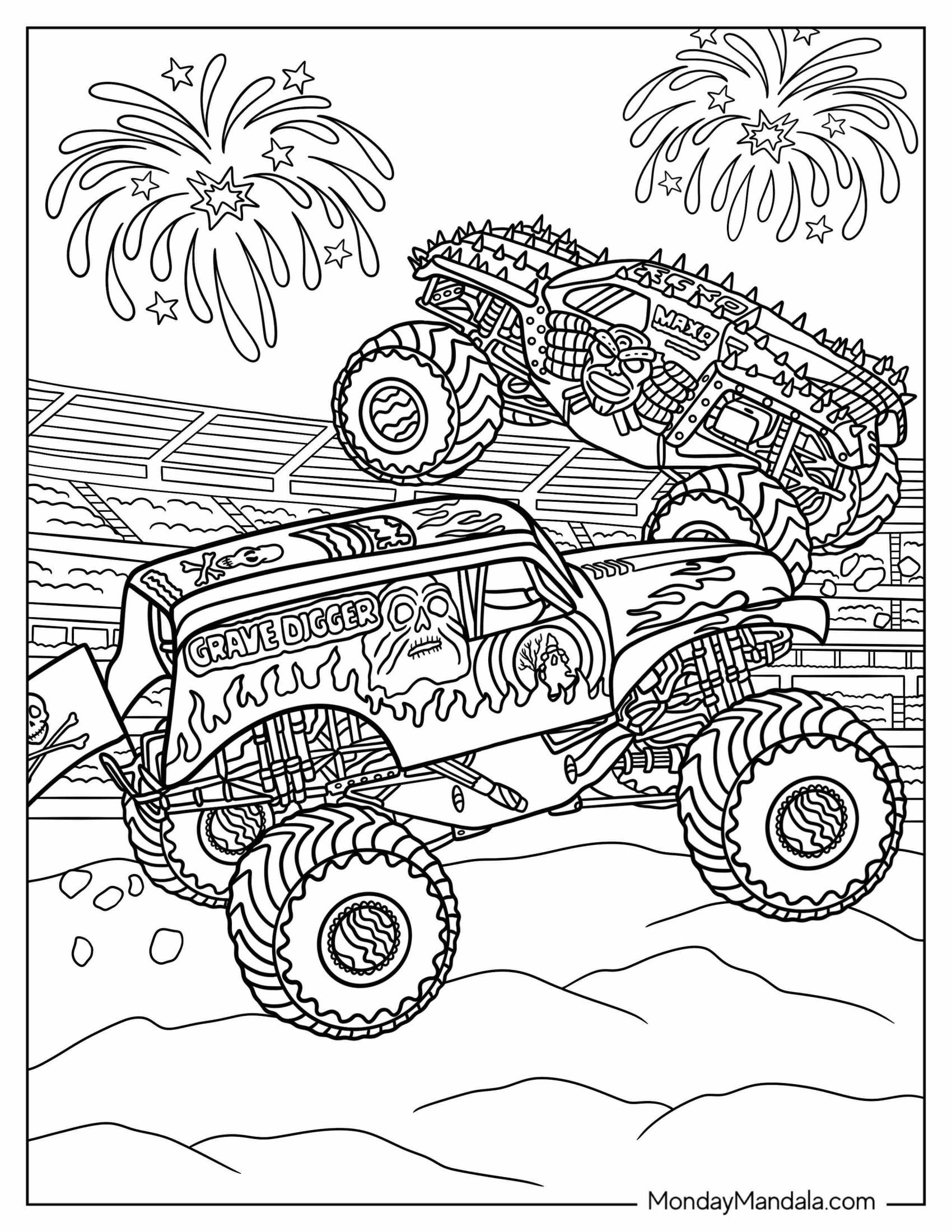 Monster Jam Coloring Page Of Grave Digger With Fireworks