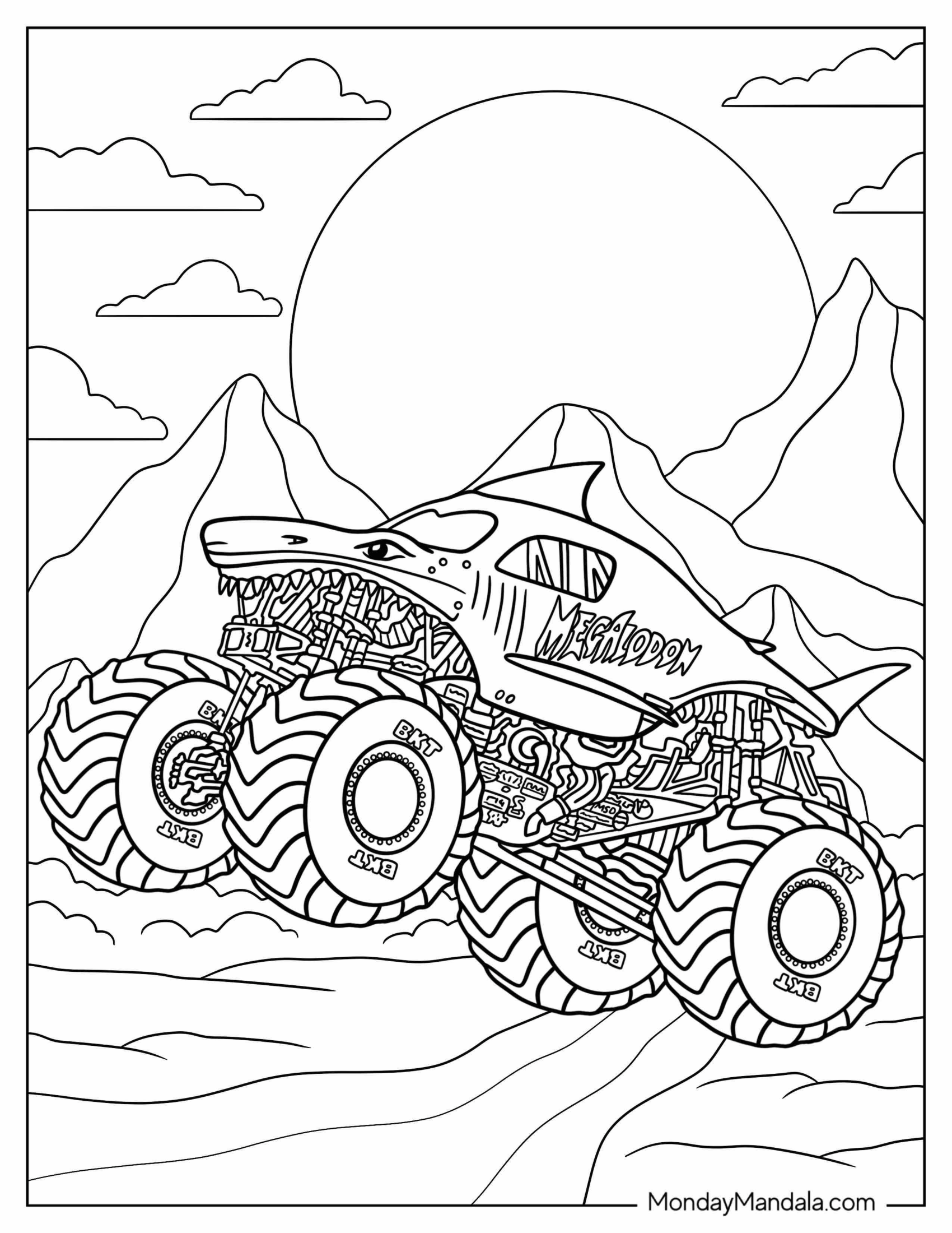 Monster Jam Coloring Page Of Megalodon Truck In Desert