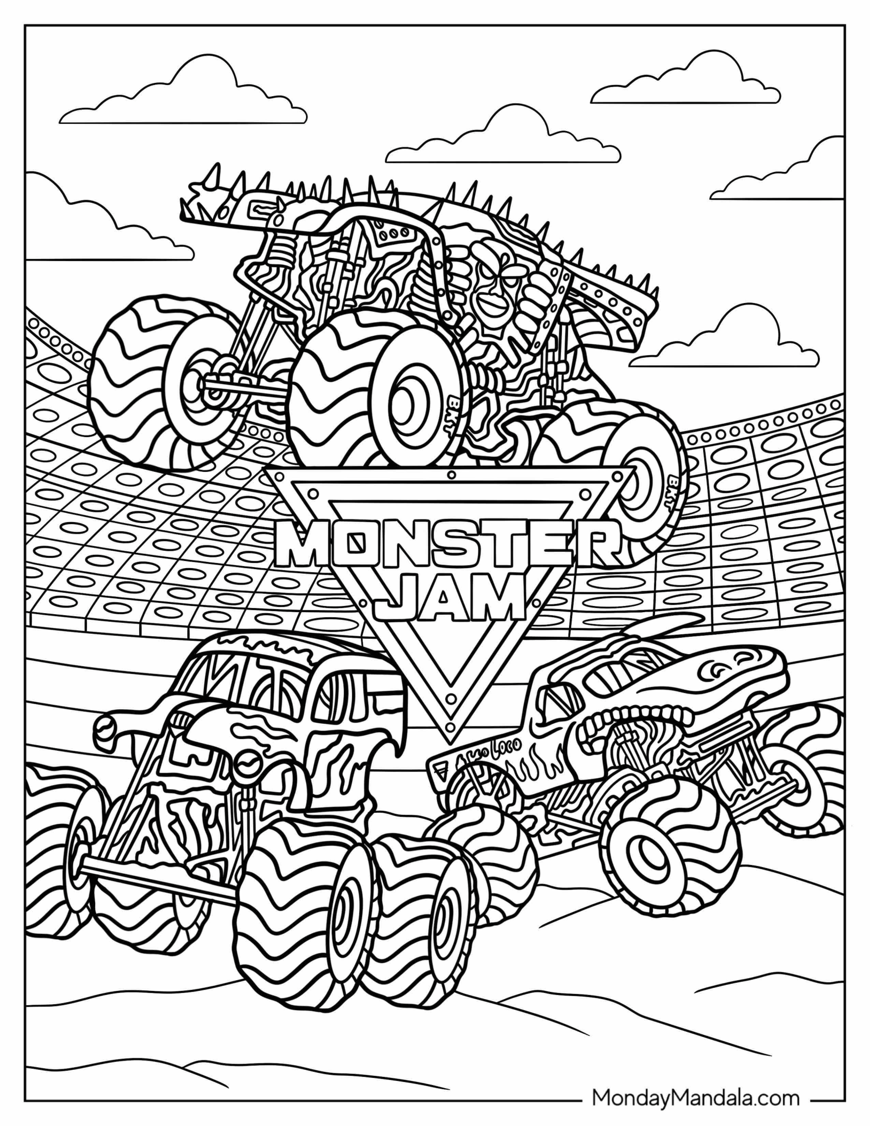 Monster Jam Coloring Page Of Poster With Trucks In Arena