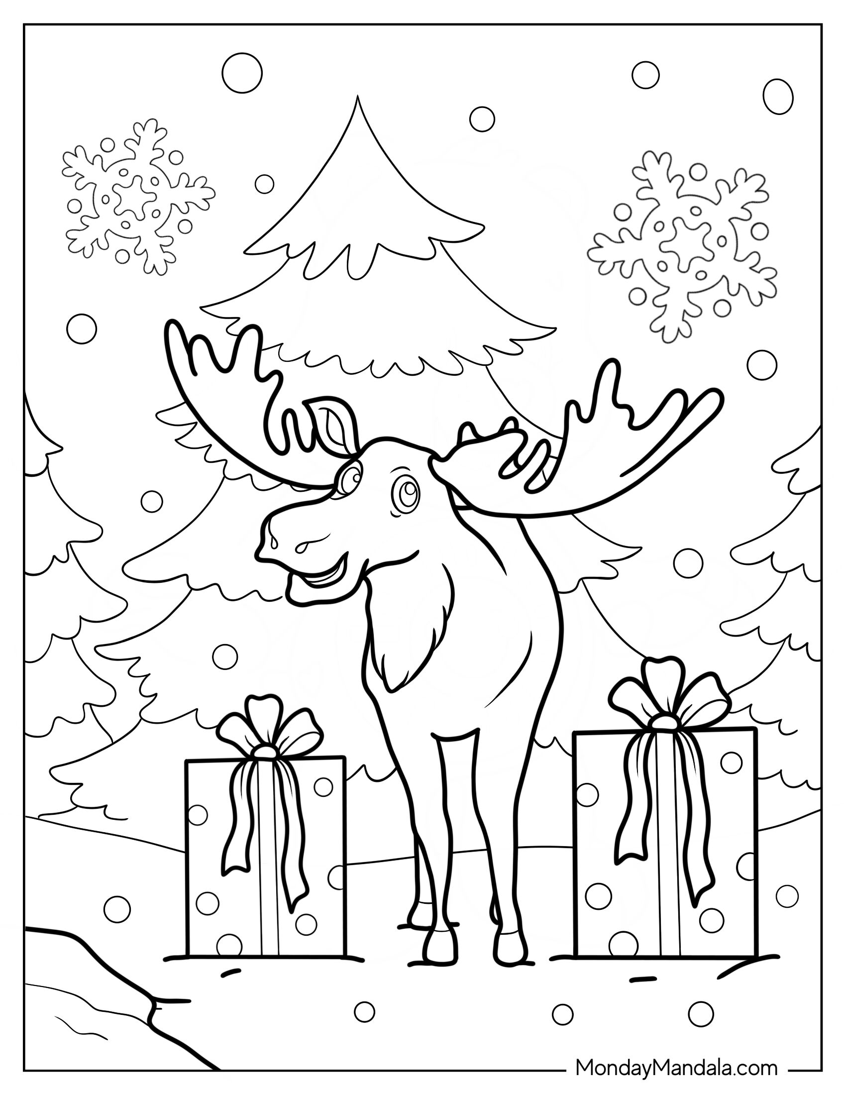 Moose Coloring Page In Winter Wonderland With Christmas Presents