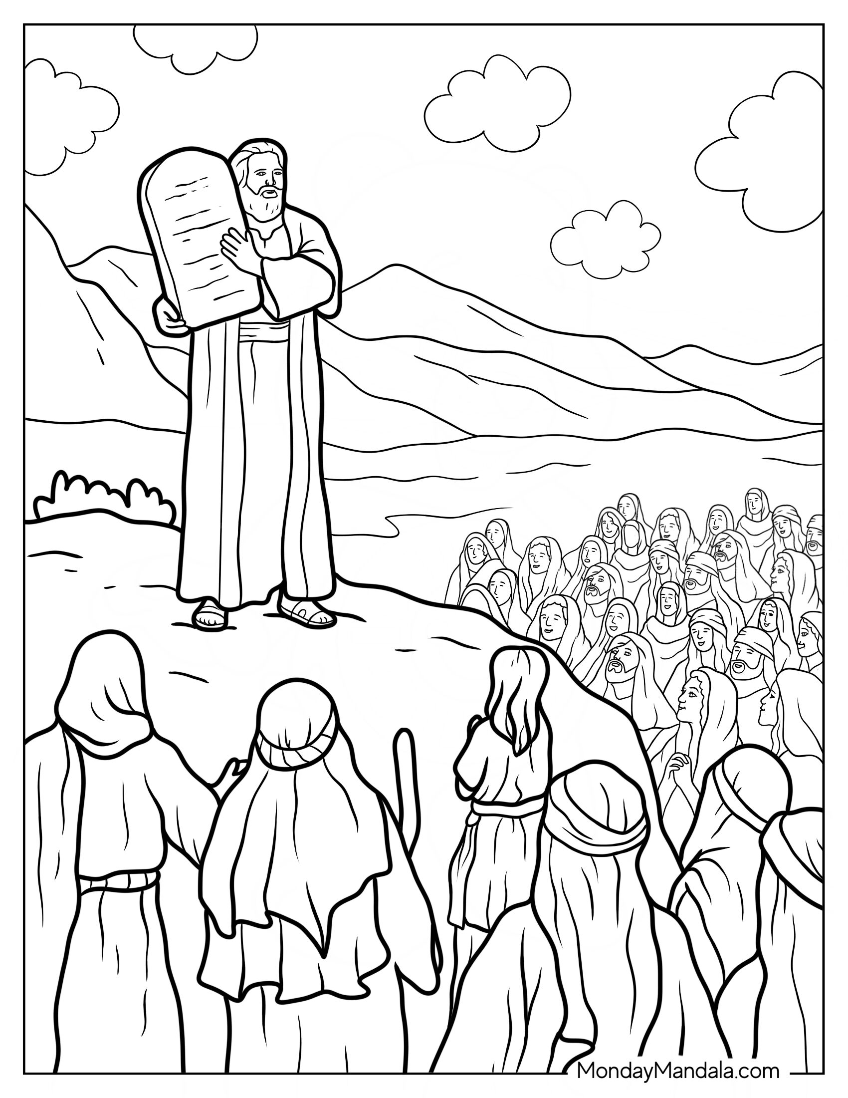 Moses Coloring Page Holding Tablet In Front Of Hebrews