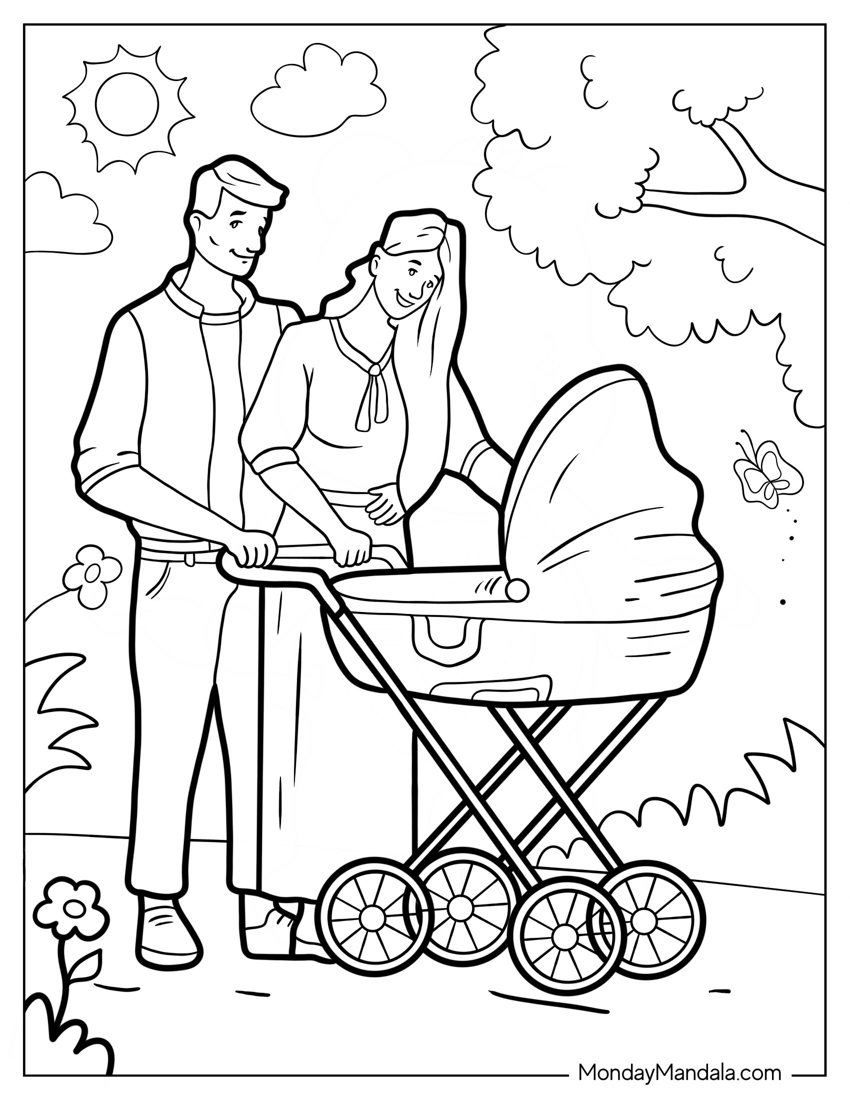 Mother And Father Walking Baby Coloring Page In Stroller