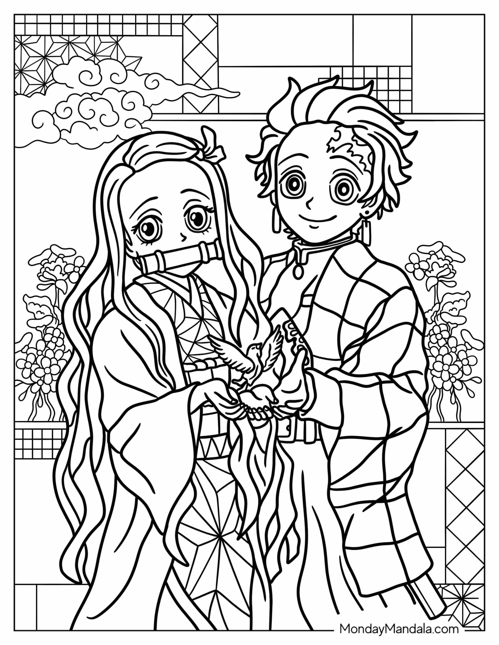 Nezuko Coloring Page And Tanjiro Holding Bird