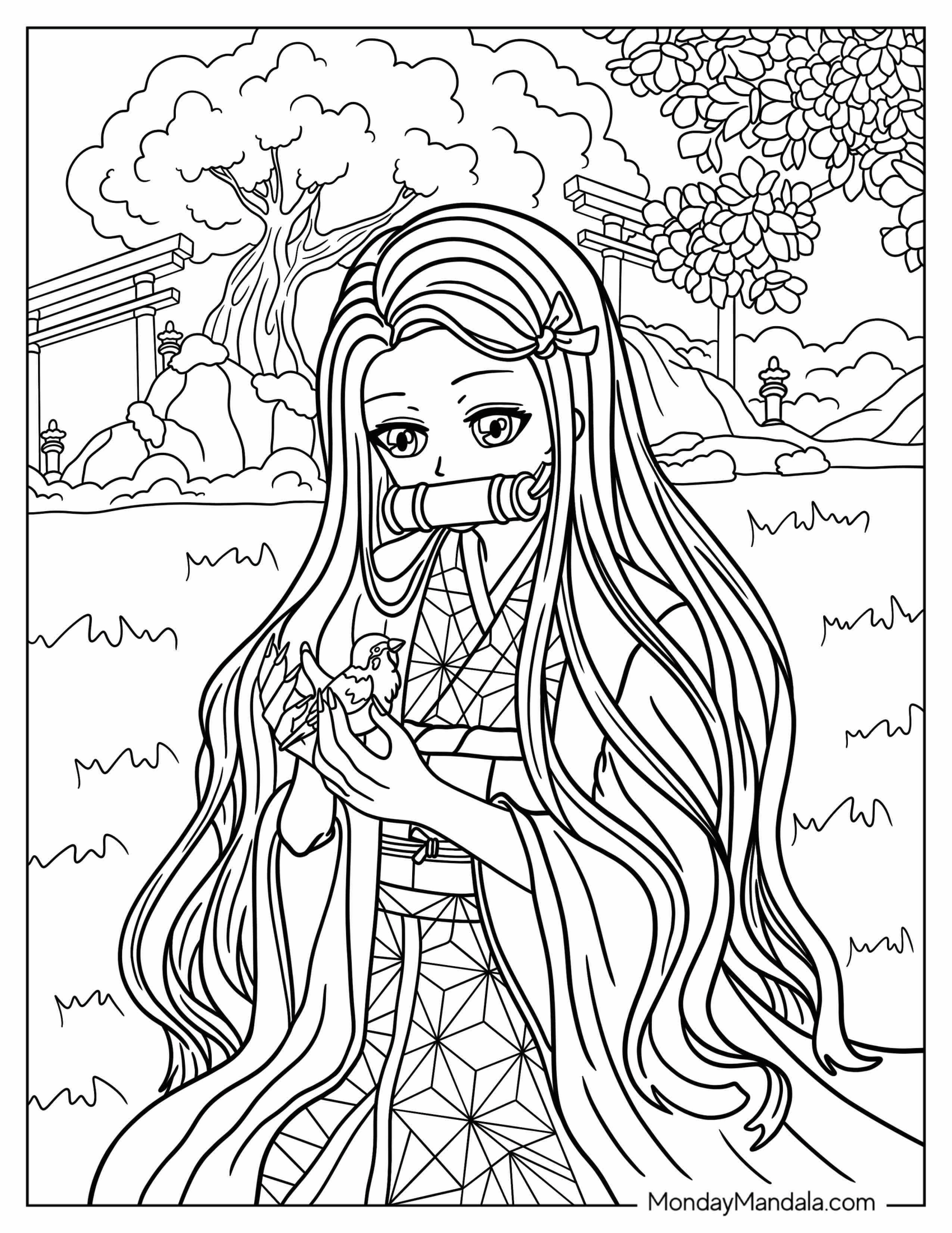 Nezuko Coloring Page Caring For Bird In Japanese Garden