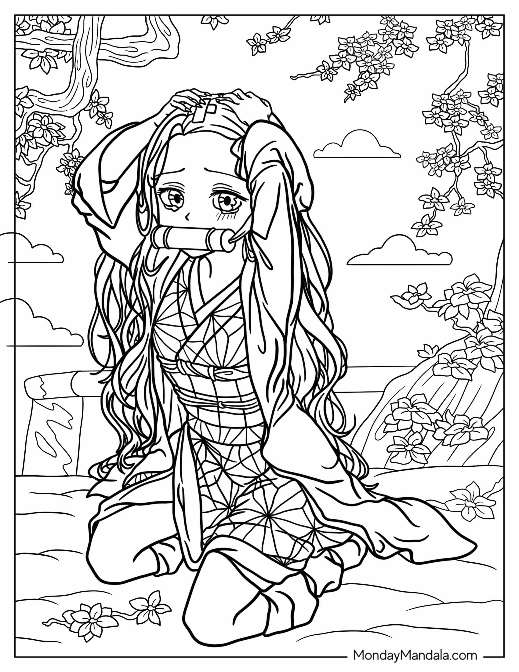 Nezuko Coloring Page Holding Head While Crying