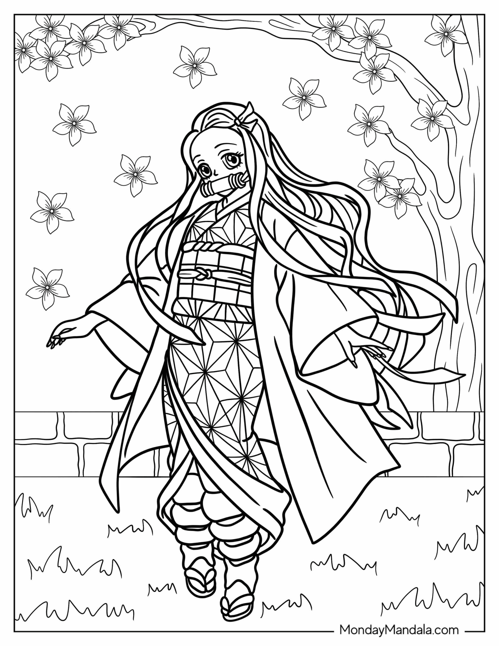 Nezuko Coloring Page Walking In Garden With Cherry Blossoms