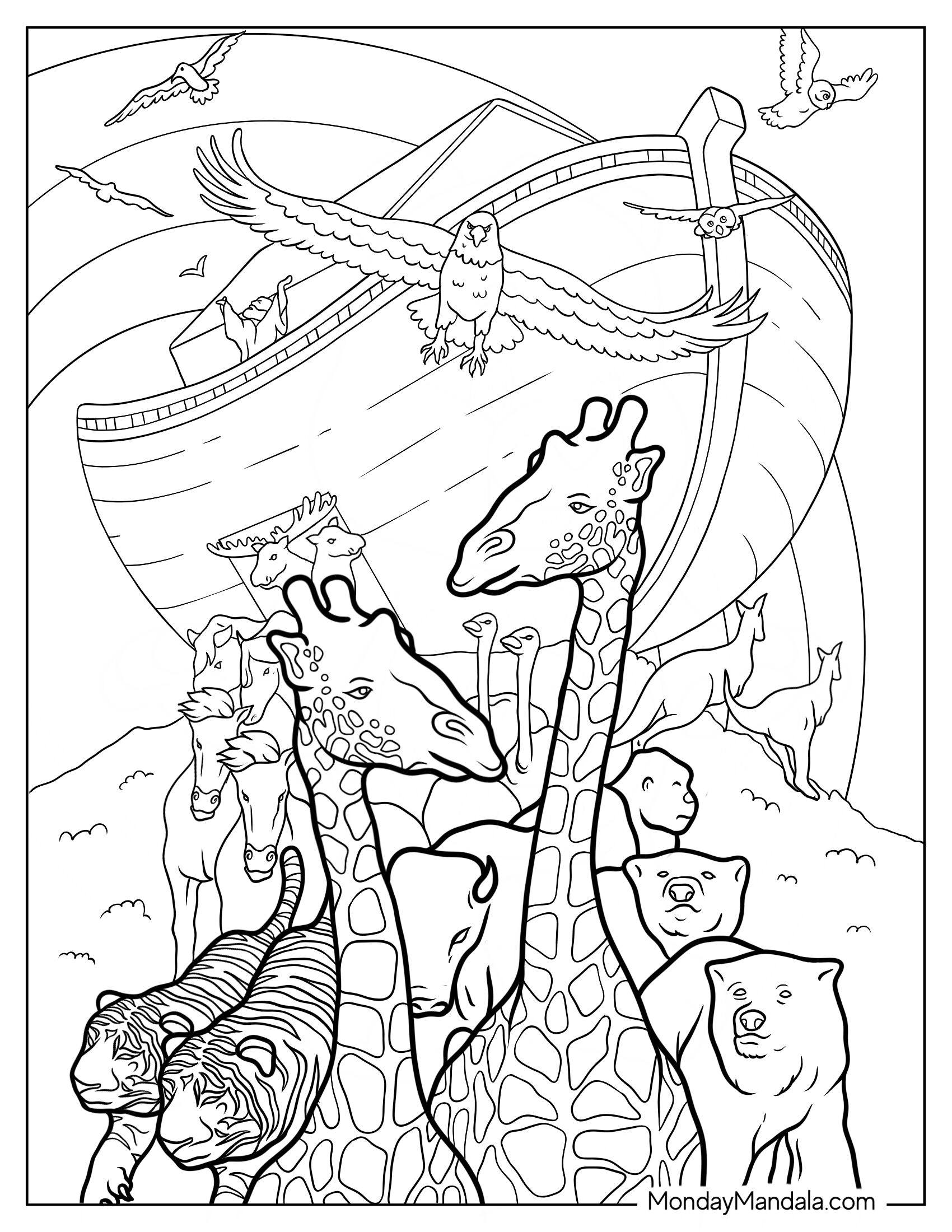 Noah's Ark Coloring Page Of Realistic Animals Outside The Ark After The Flood