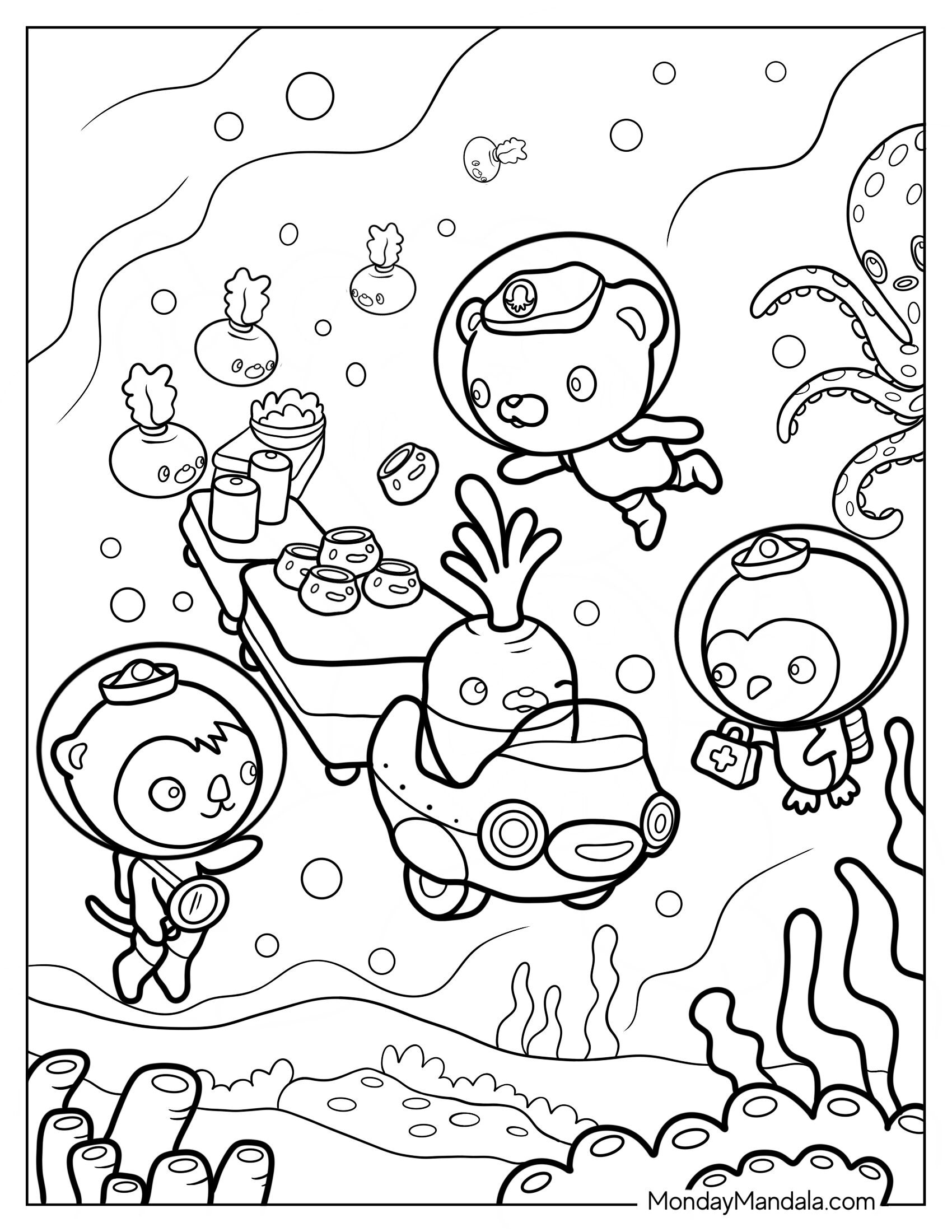 Octonauts Coloring Page Of Captain Barnacle, Shellington, And Vegimals