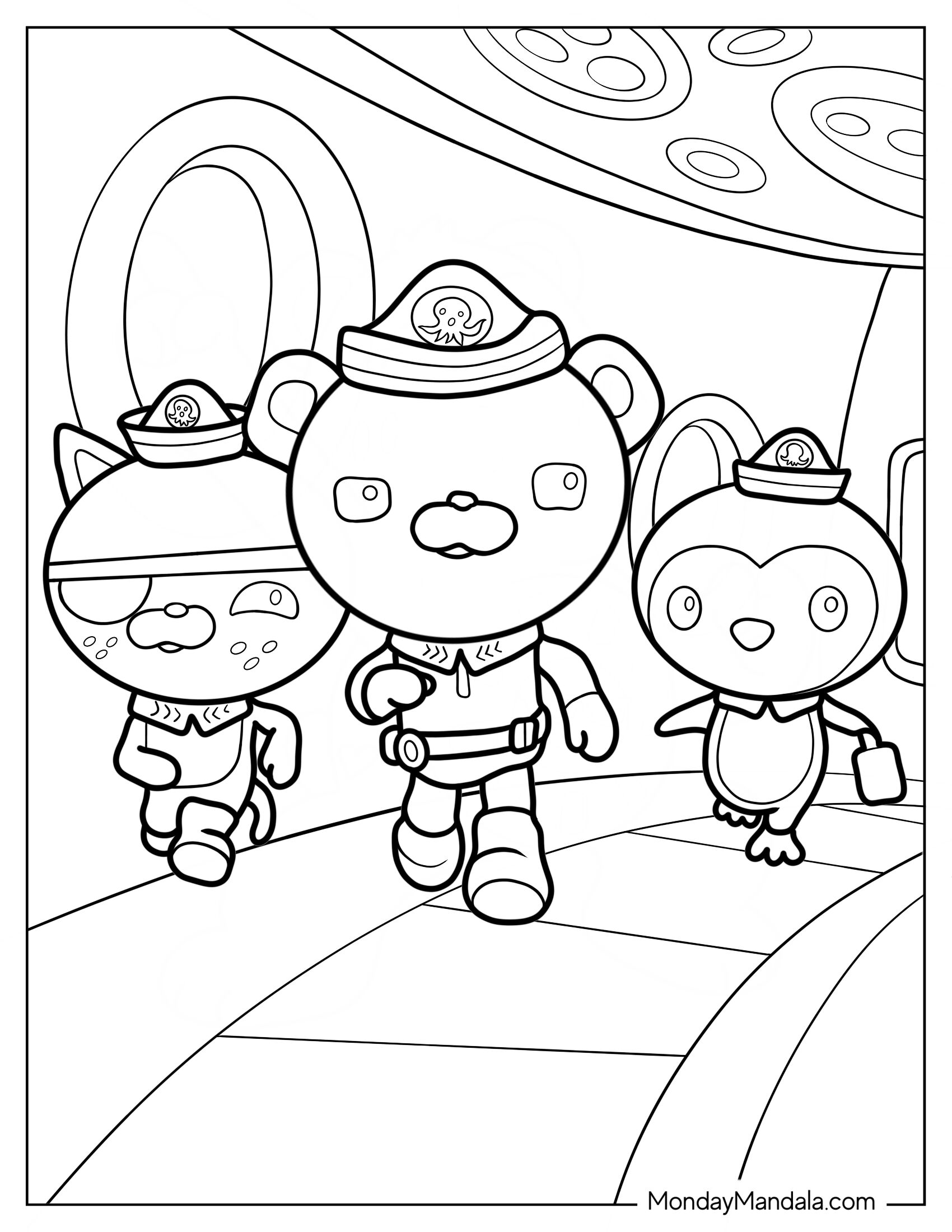 Octonauts Coloring Page Of Captain Barnacles, Peso Penguin, And Kwazii Walking