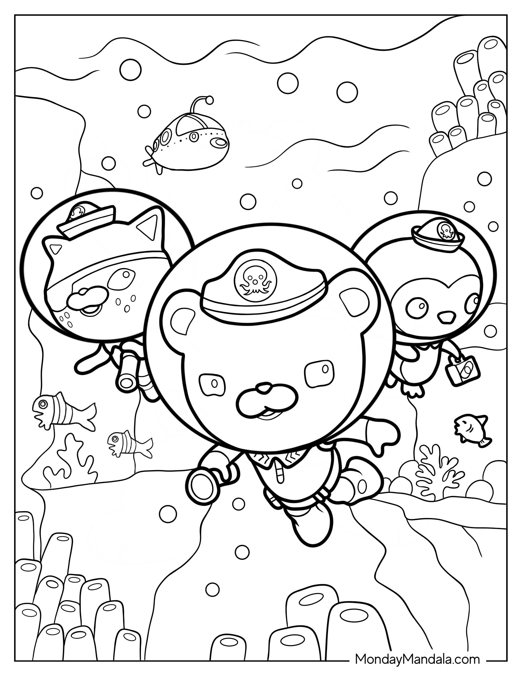 Octonauts Coloring Page Of Detailed Captain Barnacles, Kwazii, And Peso Penguin