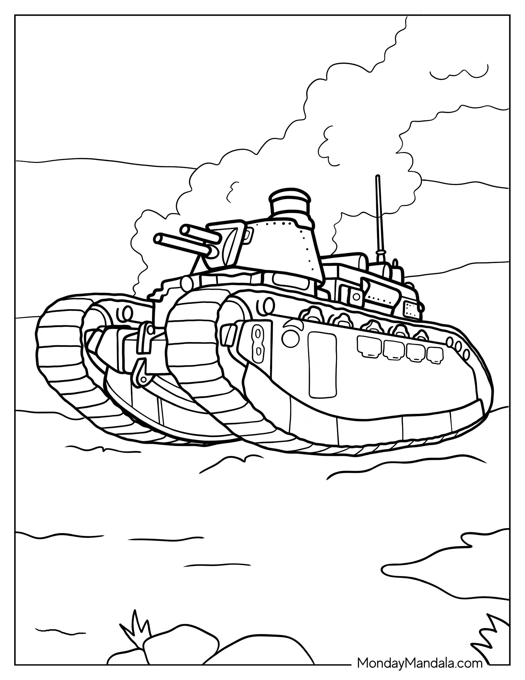 Old Military Tank Coloring Sheet for Young Kids