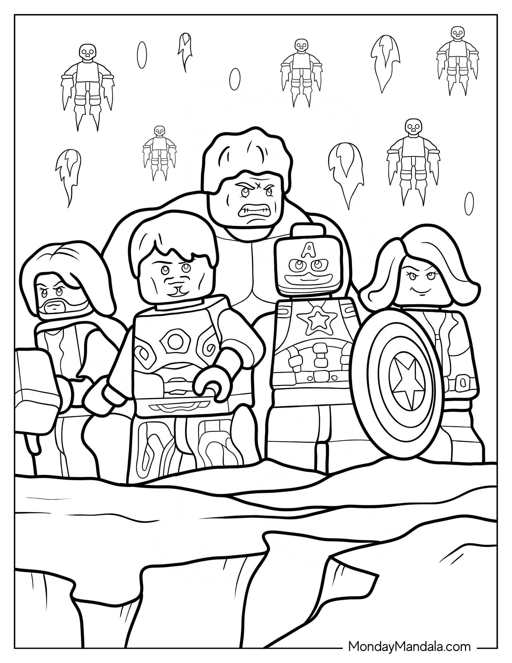 Original Lego Avengers Coloring Page Of Iron Man, Captain America, Hulk, And Black Widow