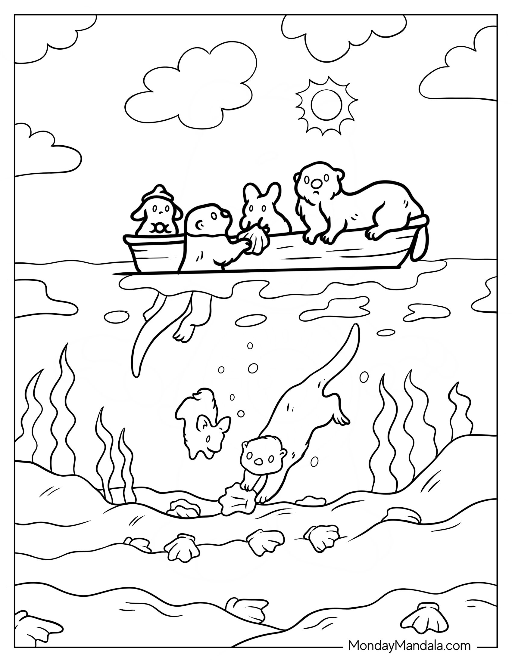 Otter Coloring Page Floating On Log