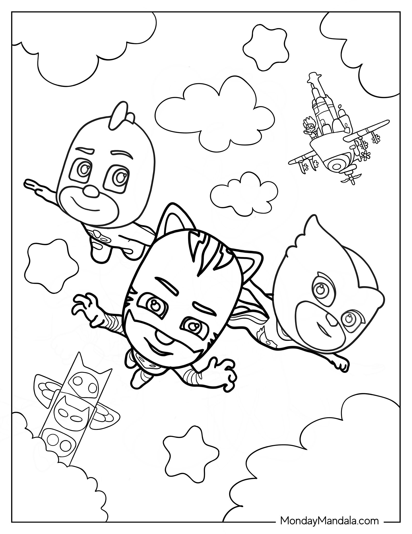 PJ Masks Coloring Page Of Catboy, Gekko, And Oweltte Flying In The Sky