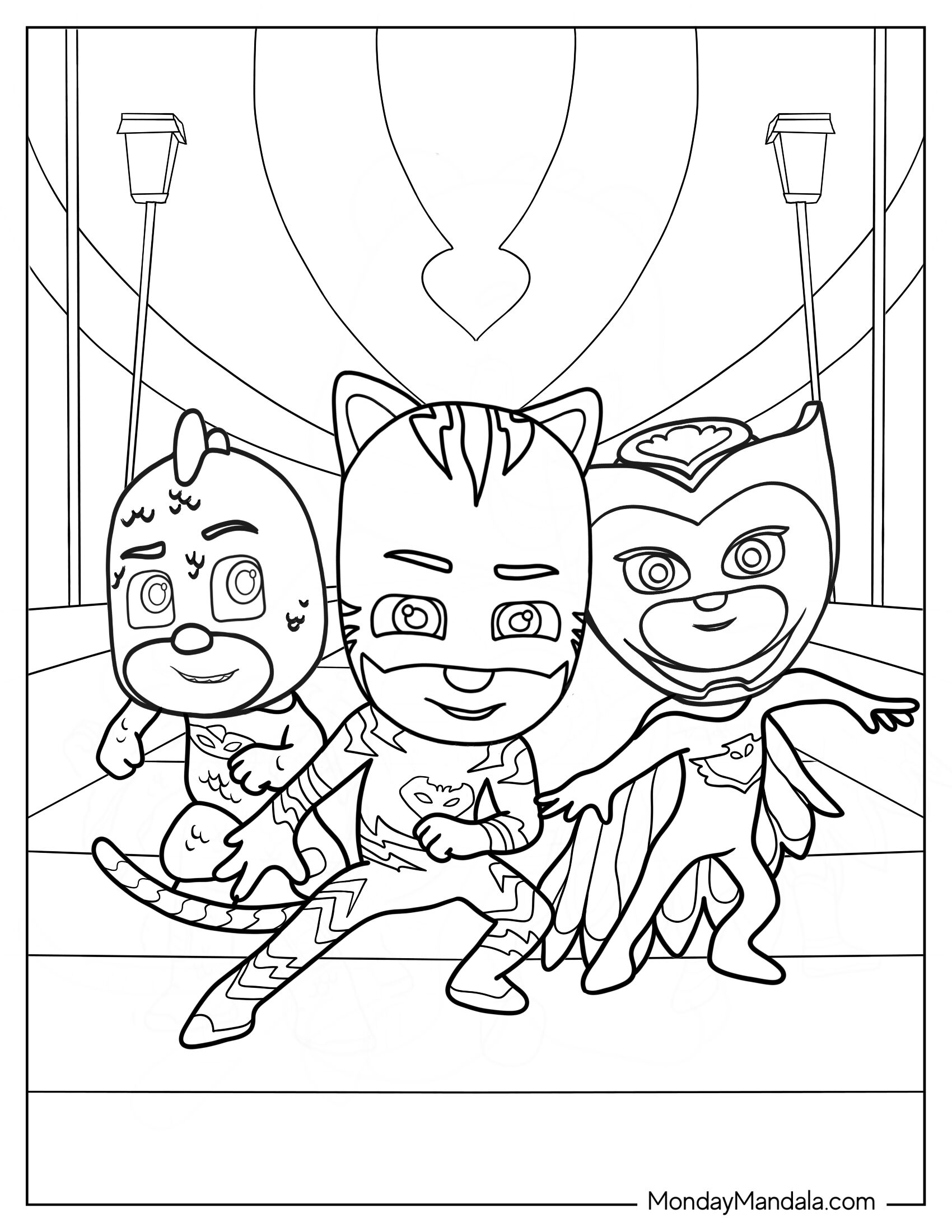 PJ Masks Coloring Page Of  Gekko, Owlette, And Catboy Poster