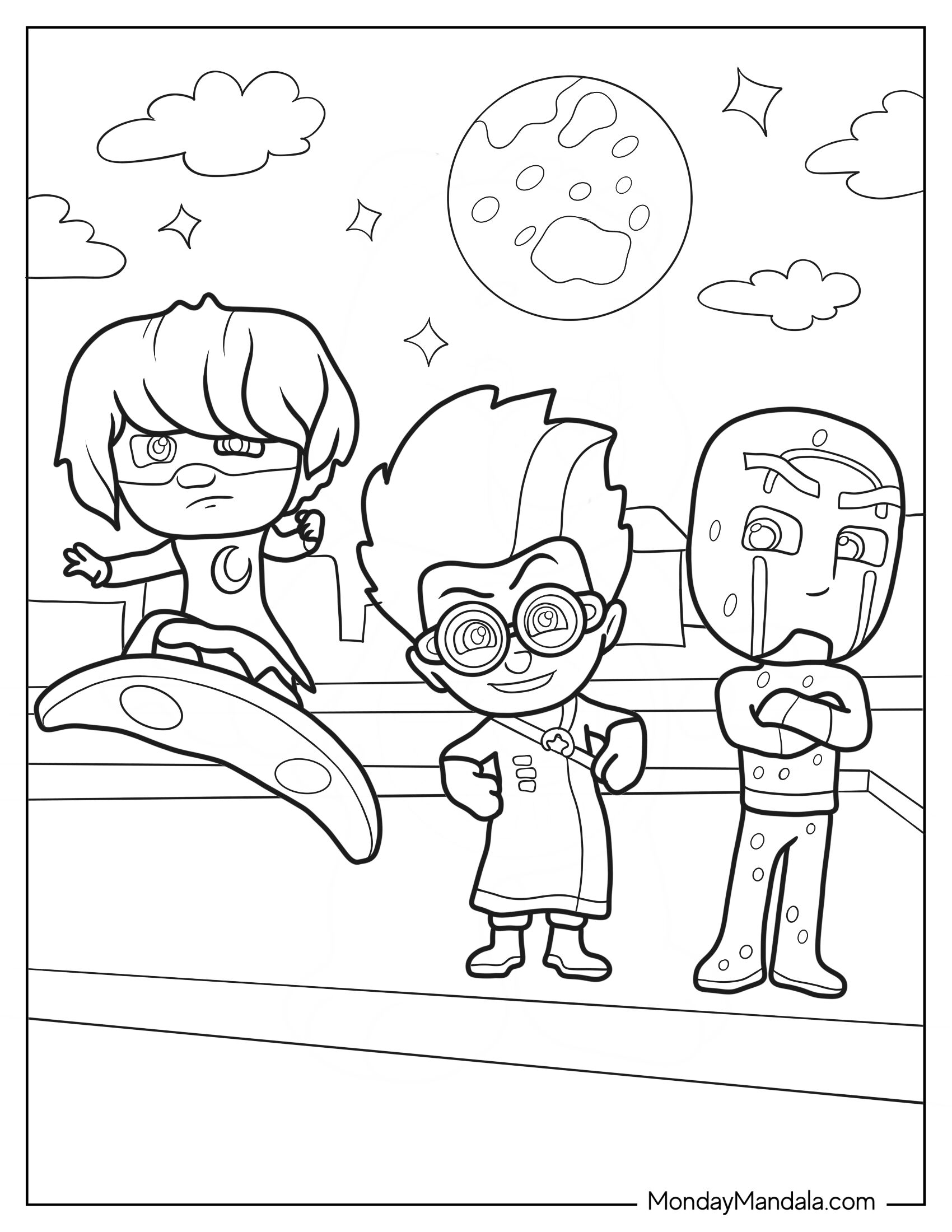 PJ Masks Coloring Page Of Luna Girl, Romeo, And Night Ninja On Rooftop At Night