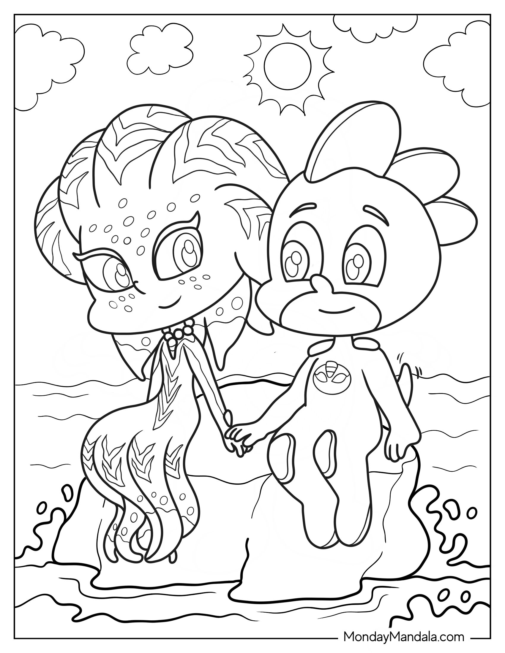 PJ Masks Coloring Page Of Octobella Holding Hands With Gekko On Rock