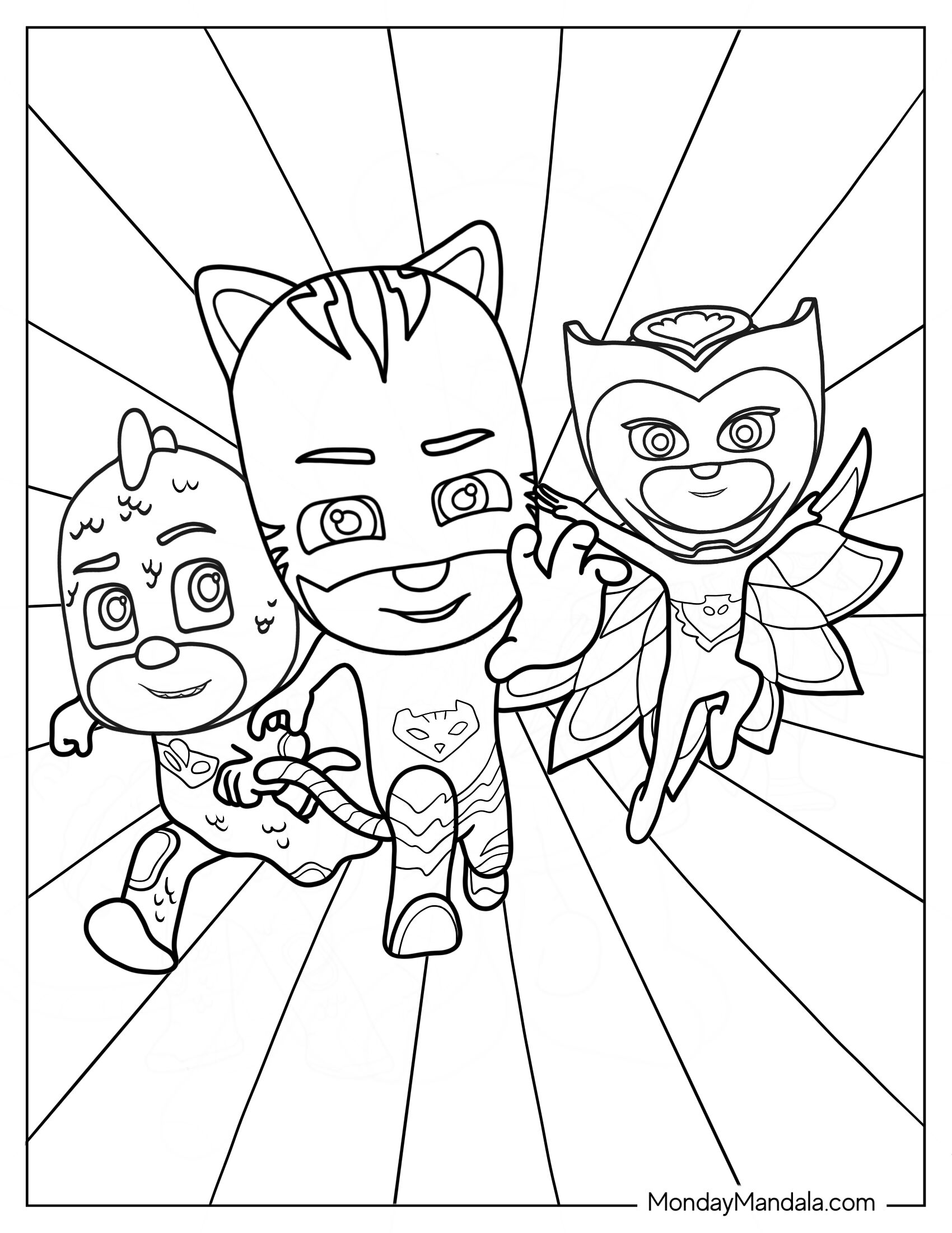 PJ Masks Coloring Page Of Owlette, Catboy, And Gekko Running Fast