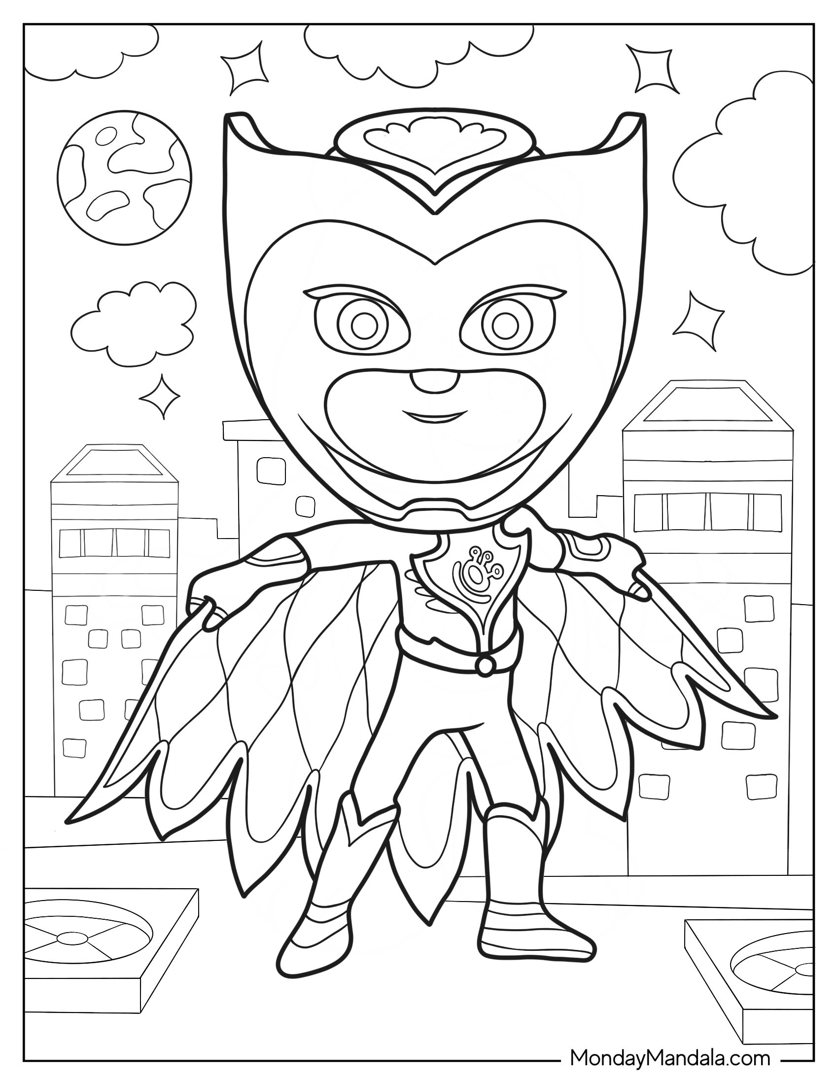 PJ Masks Coloring Page Of Space Owlette Holding Cape