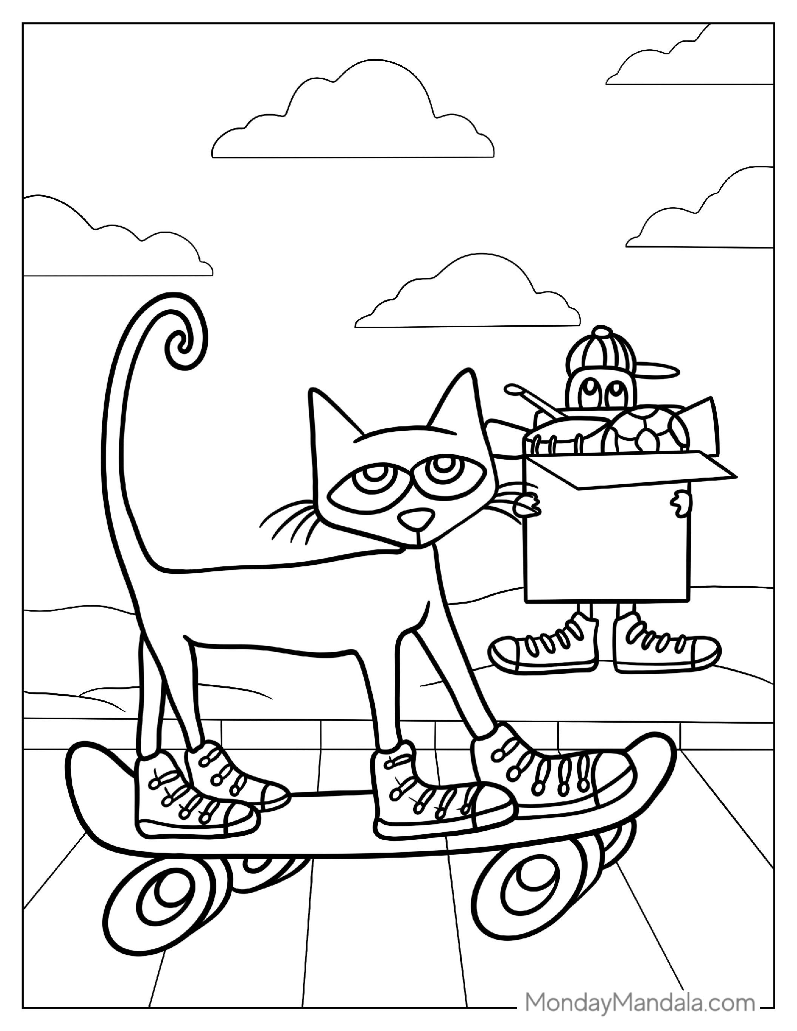 Pete The Cat Riding a Skateboard To Color