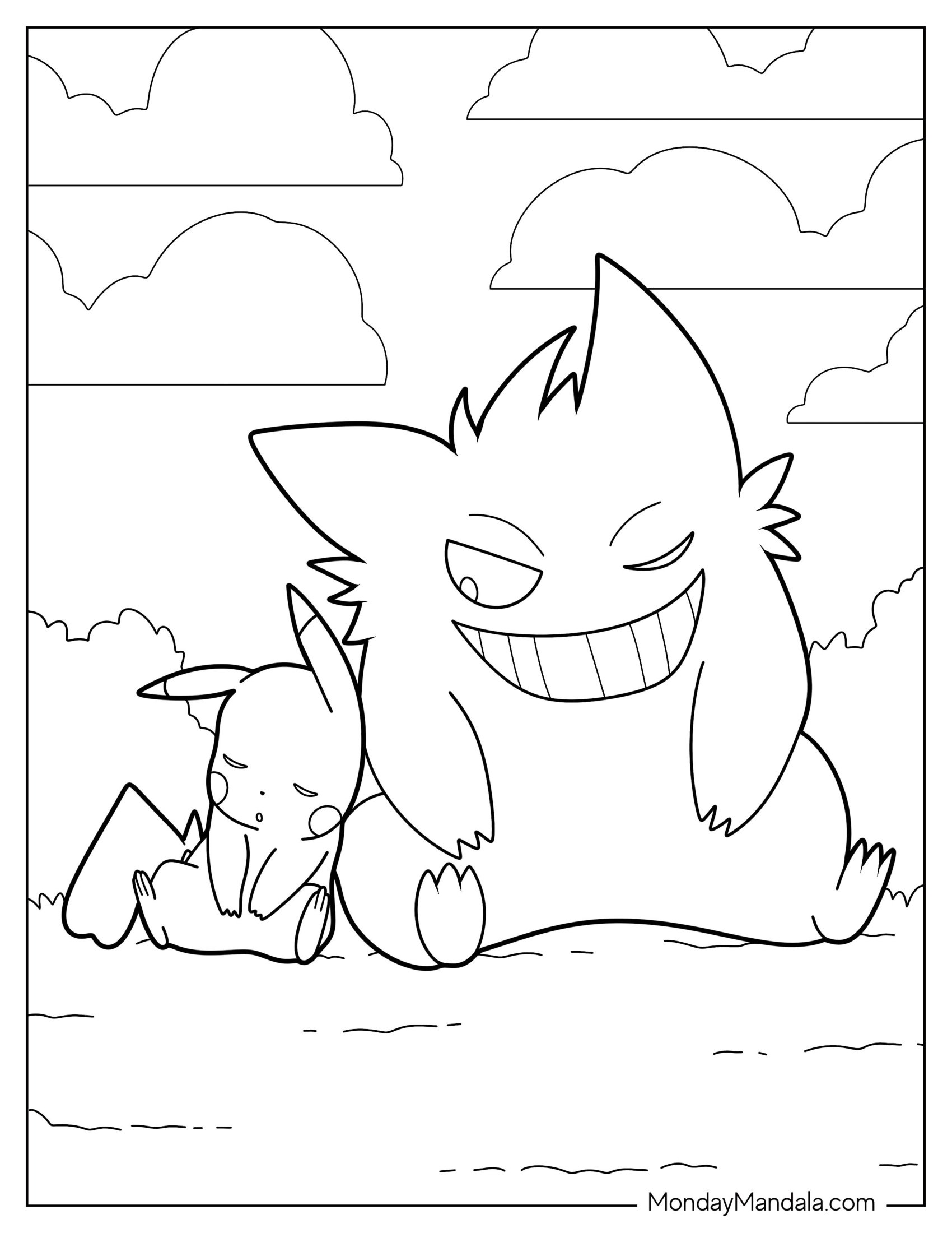 Pikachu Sleeping Beside Gengar Coloring Page