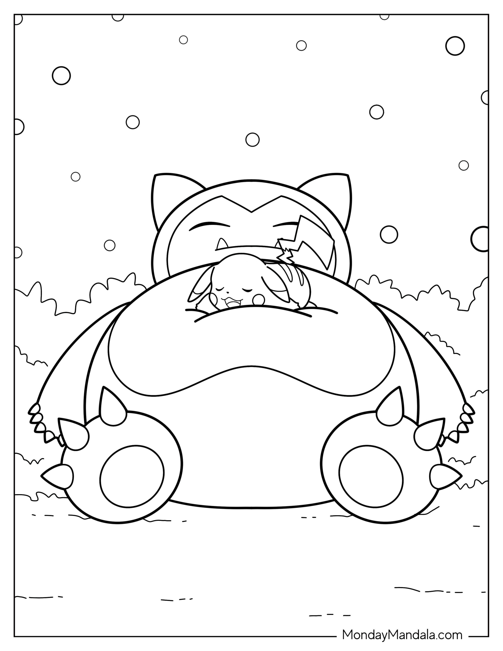 Pikachu Sleeping On Top Of Snorlax Coloring Page In Winter