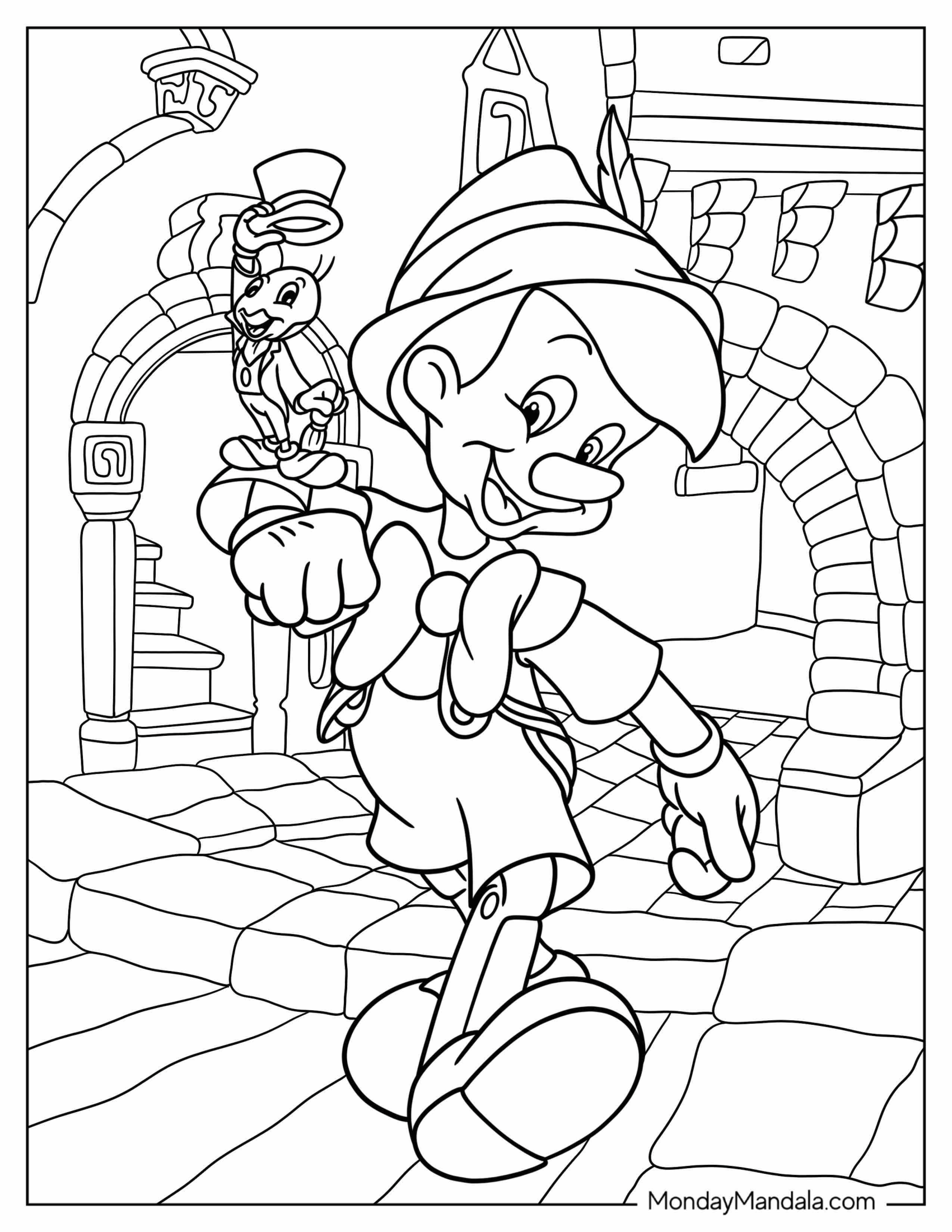 Pinocchio Coloring Page Holding Up Jiminy Cricket On His Elbow