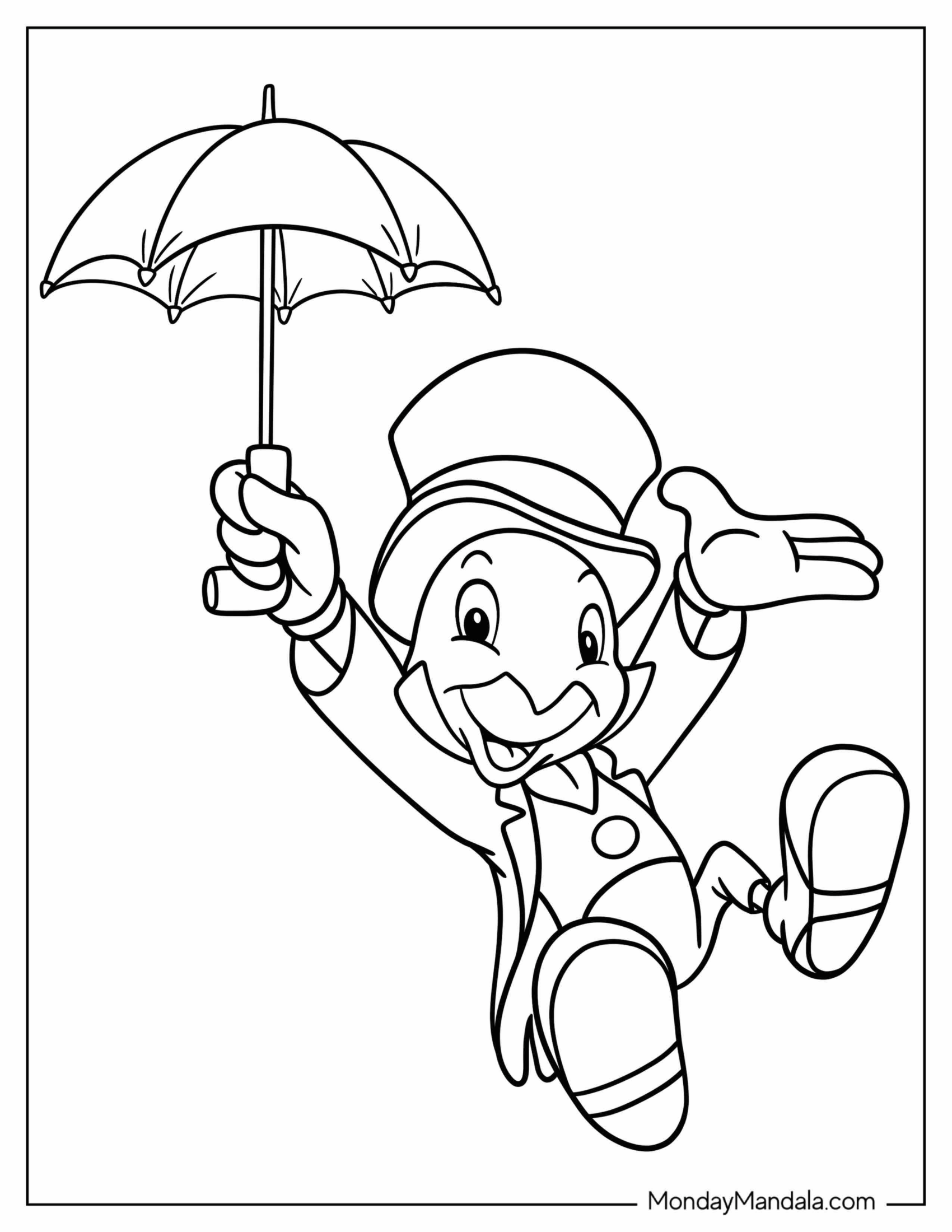 Pinocchio Coloring Page Of Jiminy Cricket Floating Down Using Umbrella