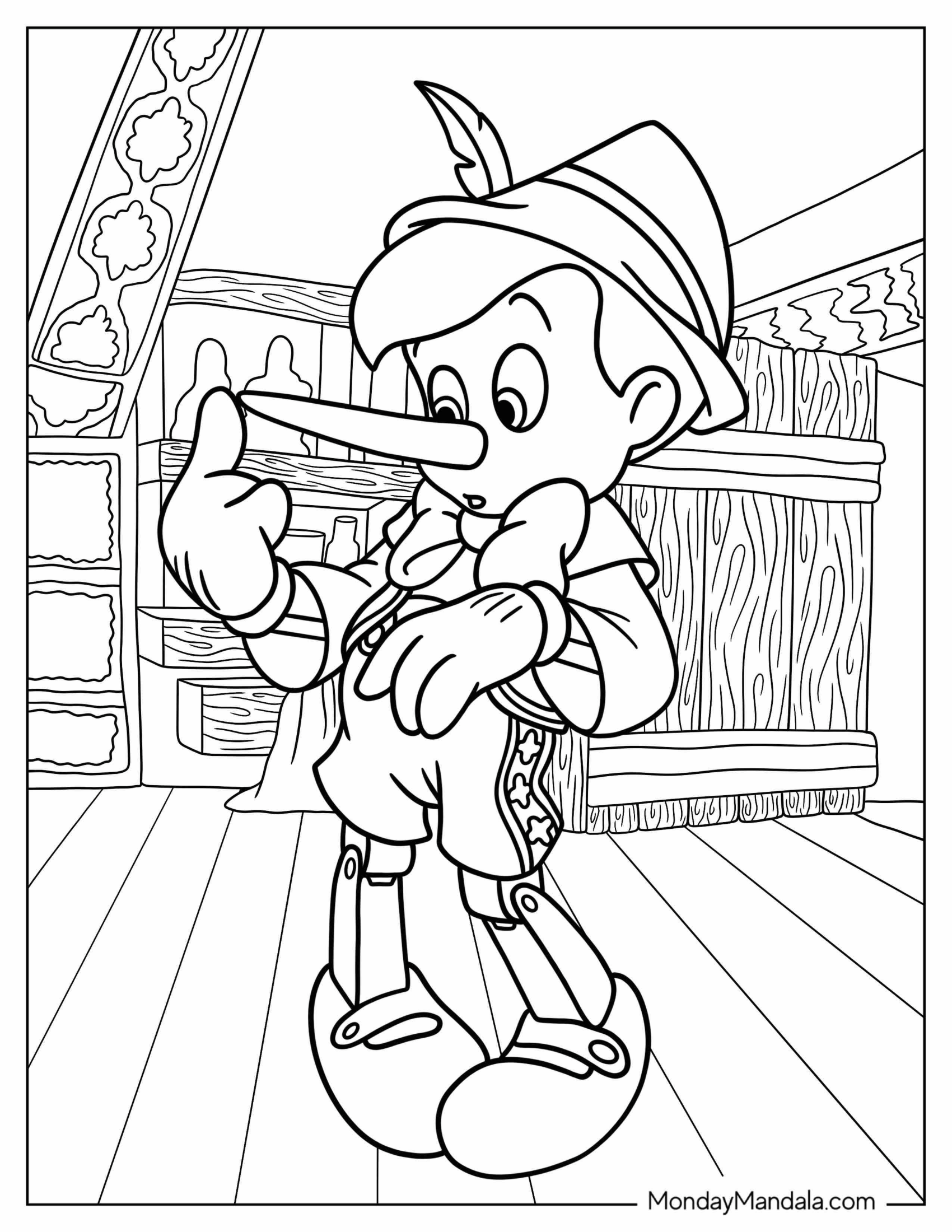 Pinocchio Coloring Page Touching His Pointy Nose