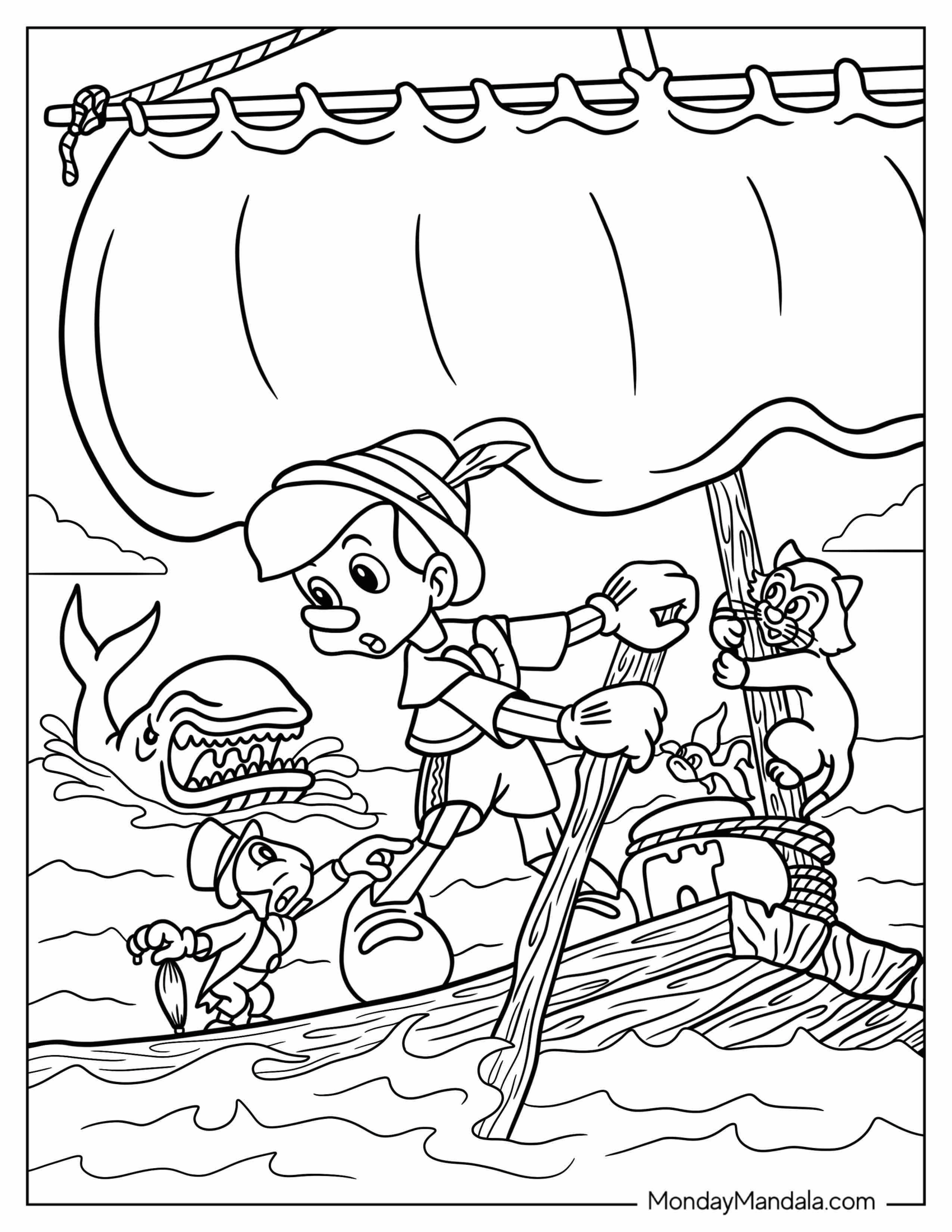 Pinocchio Coloring Page With Jiminiy, Figaro, And Cleo In Stormy Seas