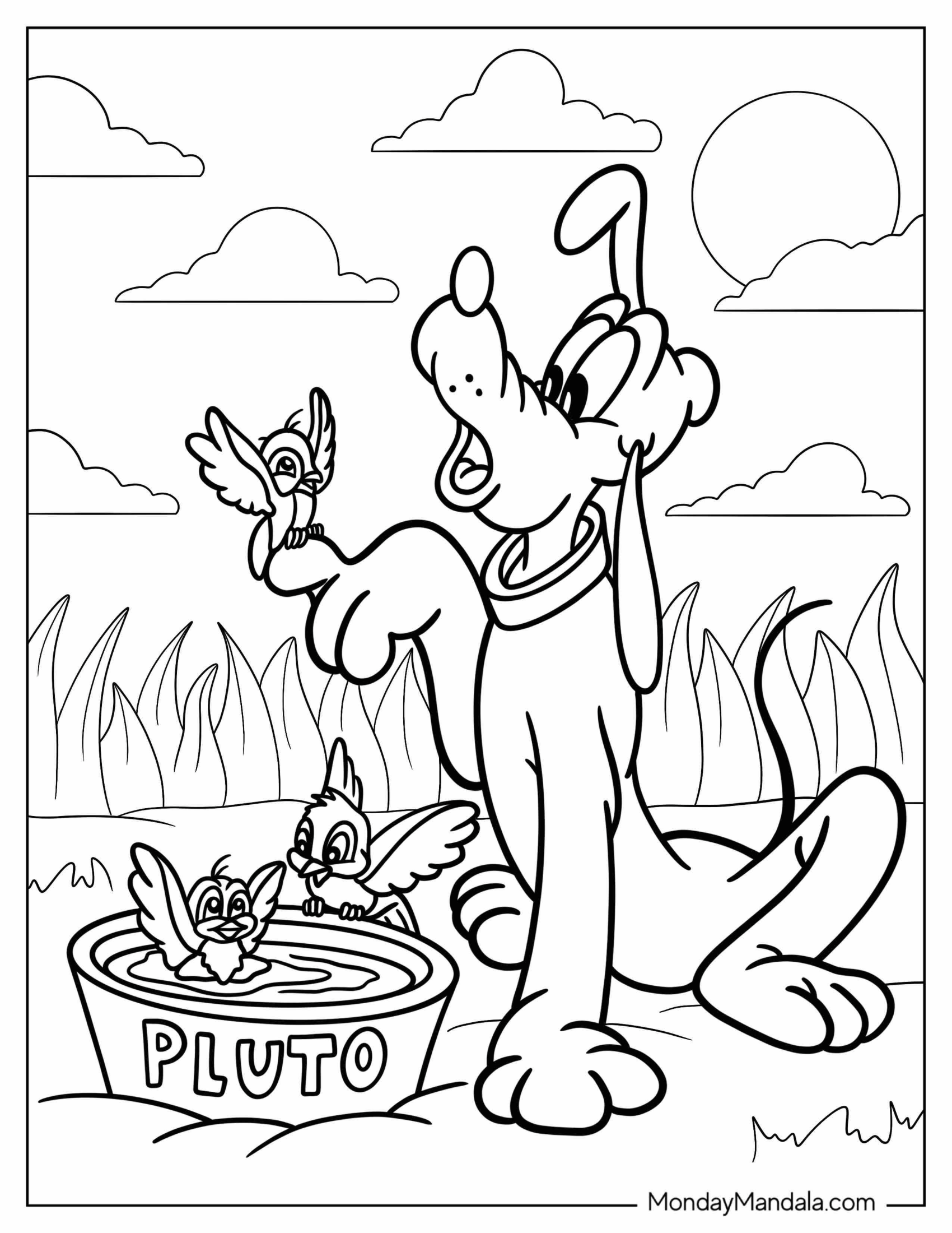 Pluto Coloring Page Playing With Birds