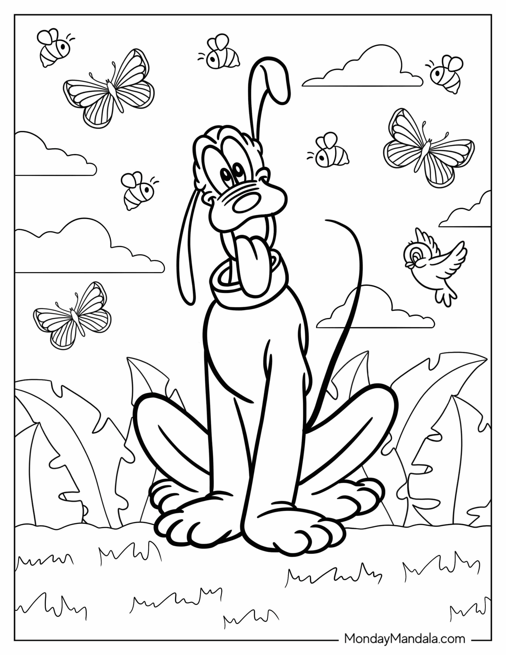 Pluto Coloring Page Sitting In Garden With Butterflies And Birds