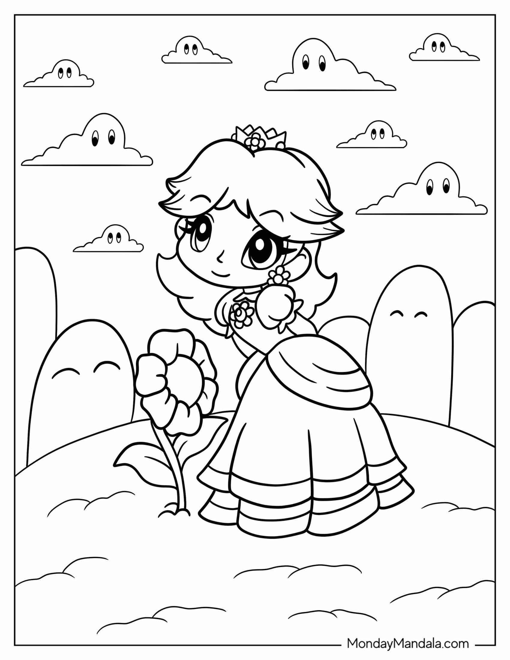 Princess Daisy Coloring Page With Sunflower