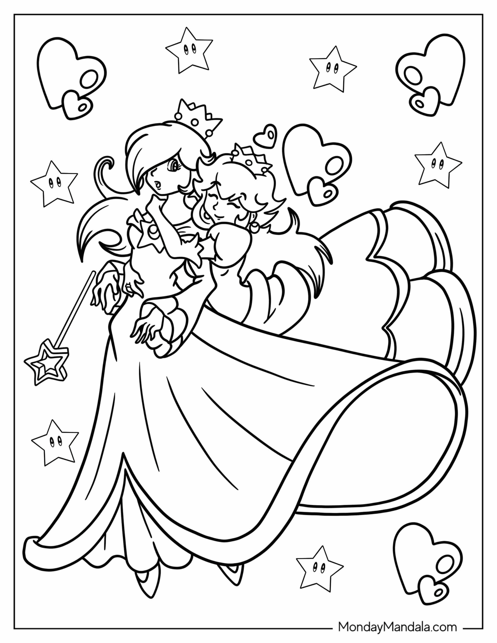 Princess Peach Hugging Princess Rosalina Coloring Page